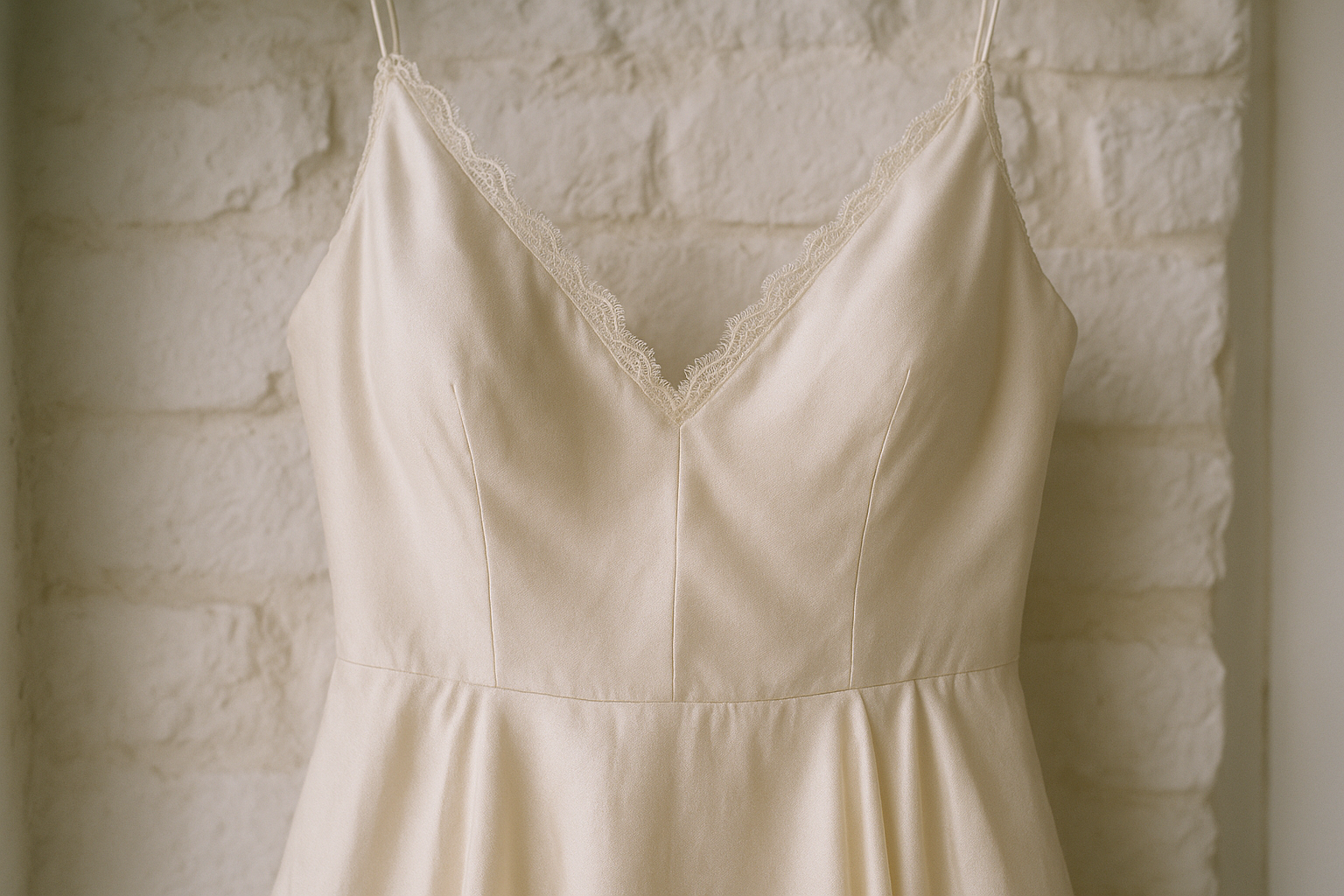 A close detail shot of a bridal gown neckline in soft ivory silk, with delicate lace trim along a sweetheart edge, soft natural window light illuminating the fabric texture