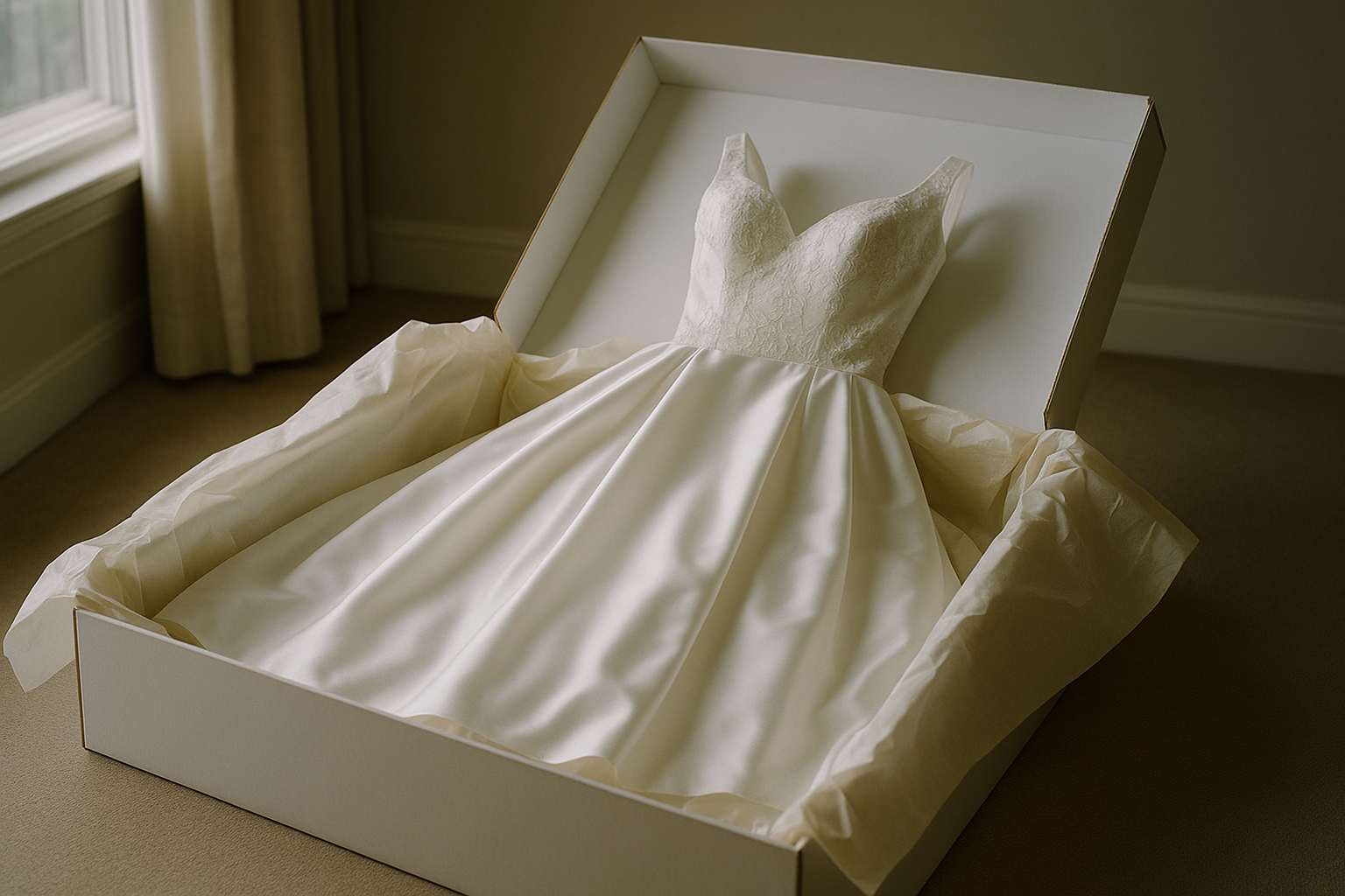 A white wedding gown laid softly in an acid-free preservation box lined with white tissue, a window of natural light nearby, serene and elegant