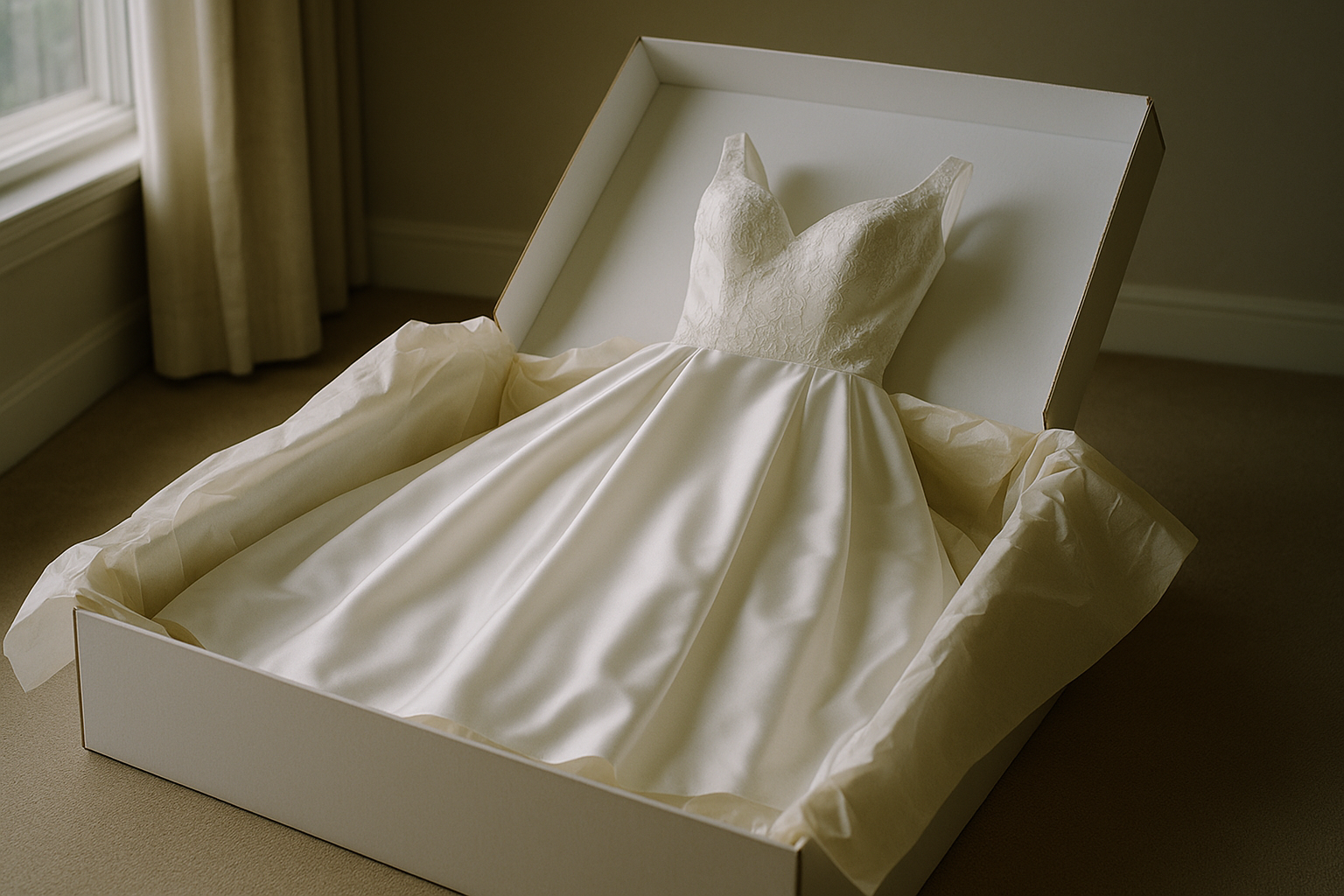 A white wedding gown laid softly in an acid-free preservation box lined with white tissue, a window of natural light nearby, serene and elegant