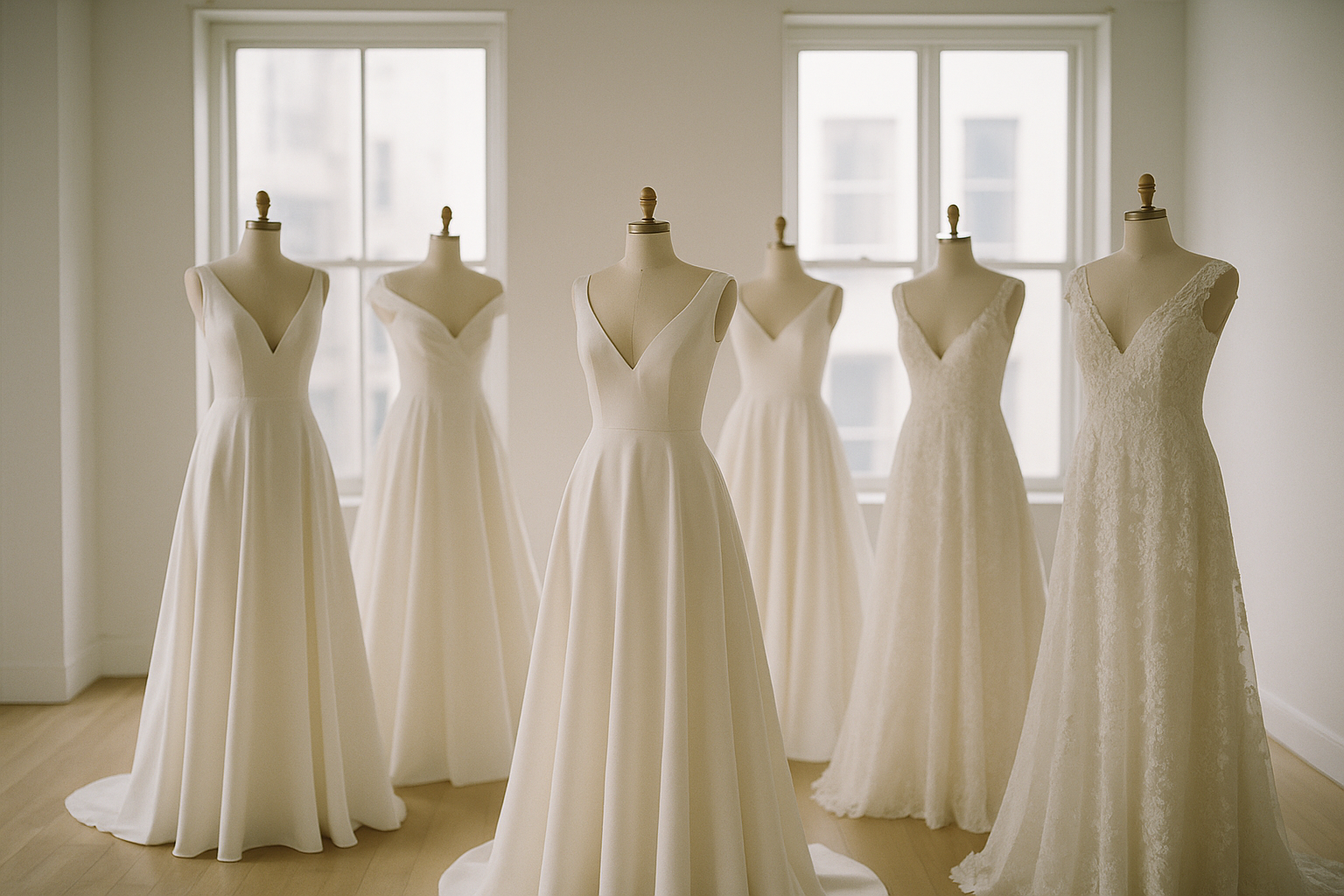 Six elegantly displayed wedding gown silhouettes arranged side by side on dress forms in a softly lit bridal boutique, each one representing a distinct shape from A-line to ball gown.