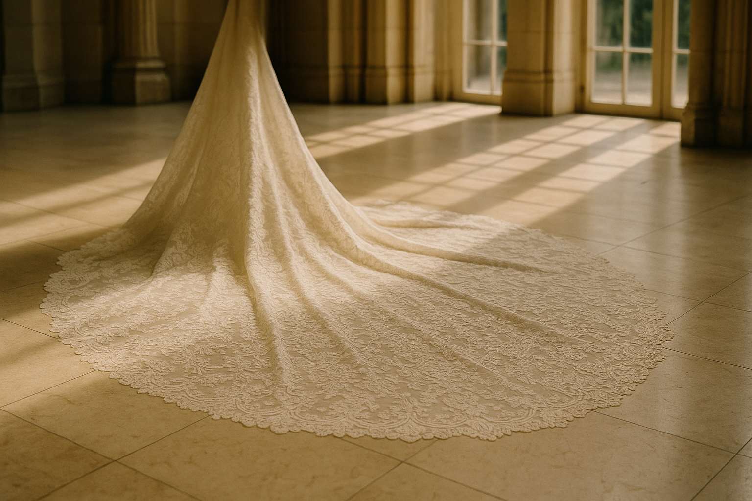 The full spread of a cathedral-length wedding dress train pooling elegantly on pale marble floors in a sunlit church, the intricate lace detailing visible in soft natural light