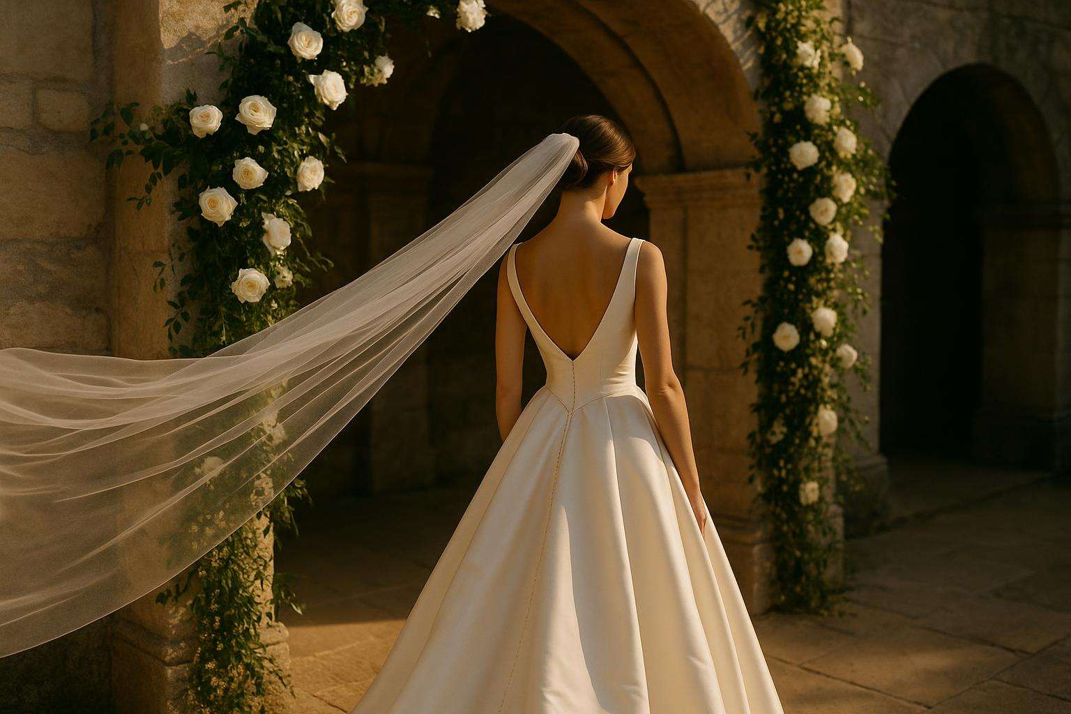 An elegantly dressed bride in a structured ivory satin gown with a basque waistline and low back seen from behind, standing in an arch of white roses in warm golden afternoon light