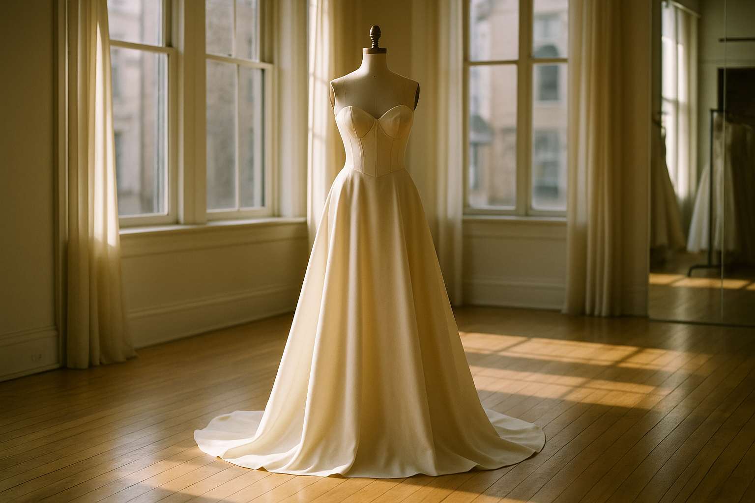 A beautiful wedding dress displayed on a dress form in a sunlit bridal boutique, rich ivory fabric, fitted corset bodice, soft flowing skirt