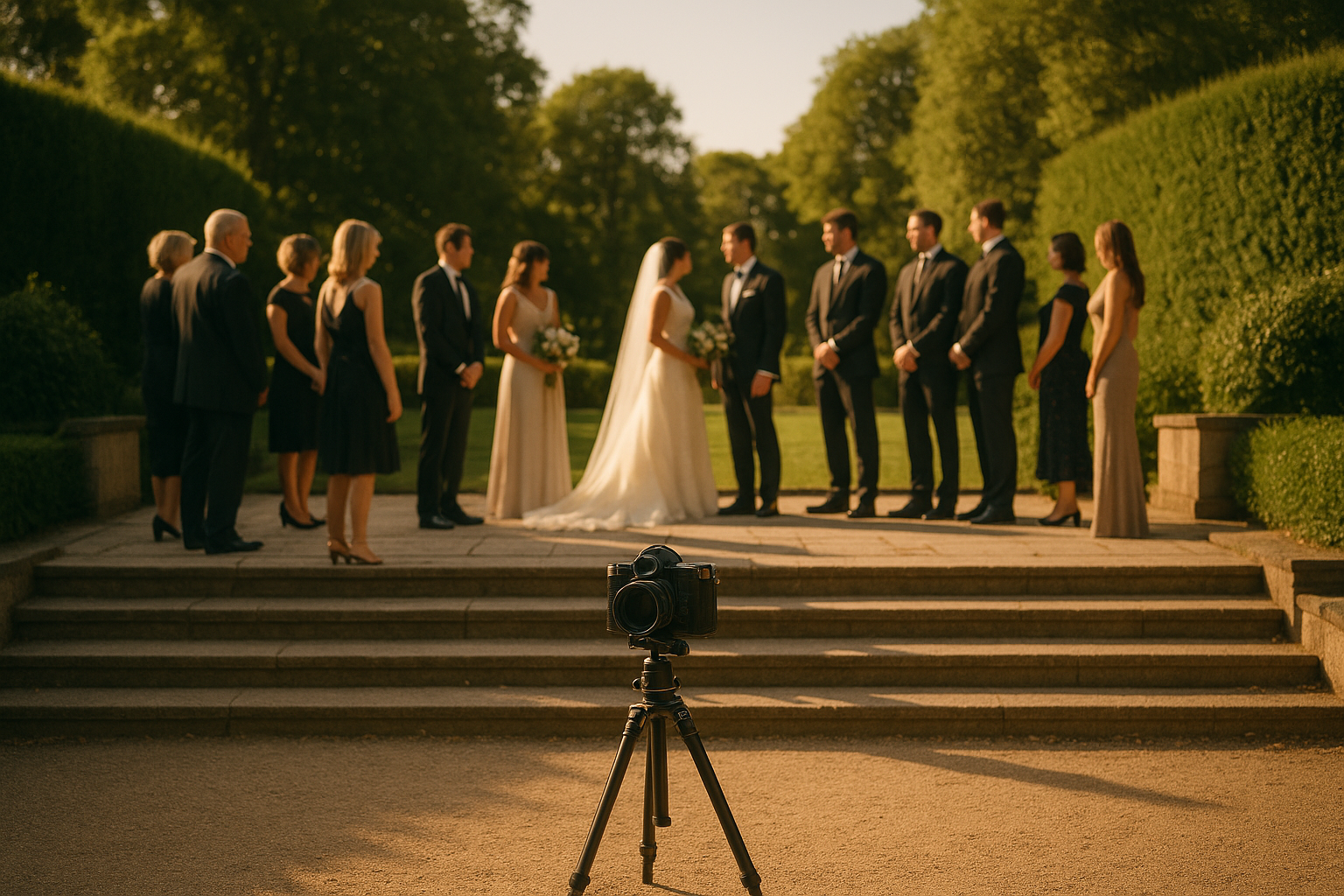 A wedding party gathering for formal portraits on the steps of a grand estate venue, photographed from a distance in warm afternoon light with a professional camera visible in the foreground