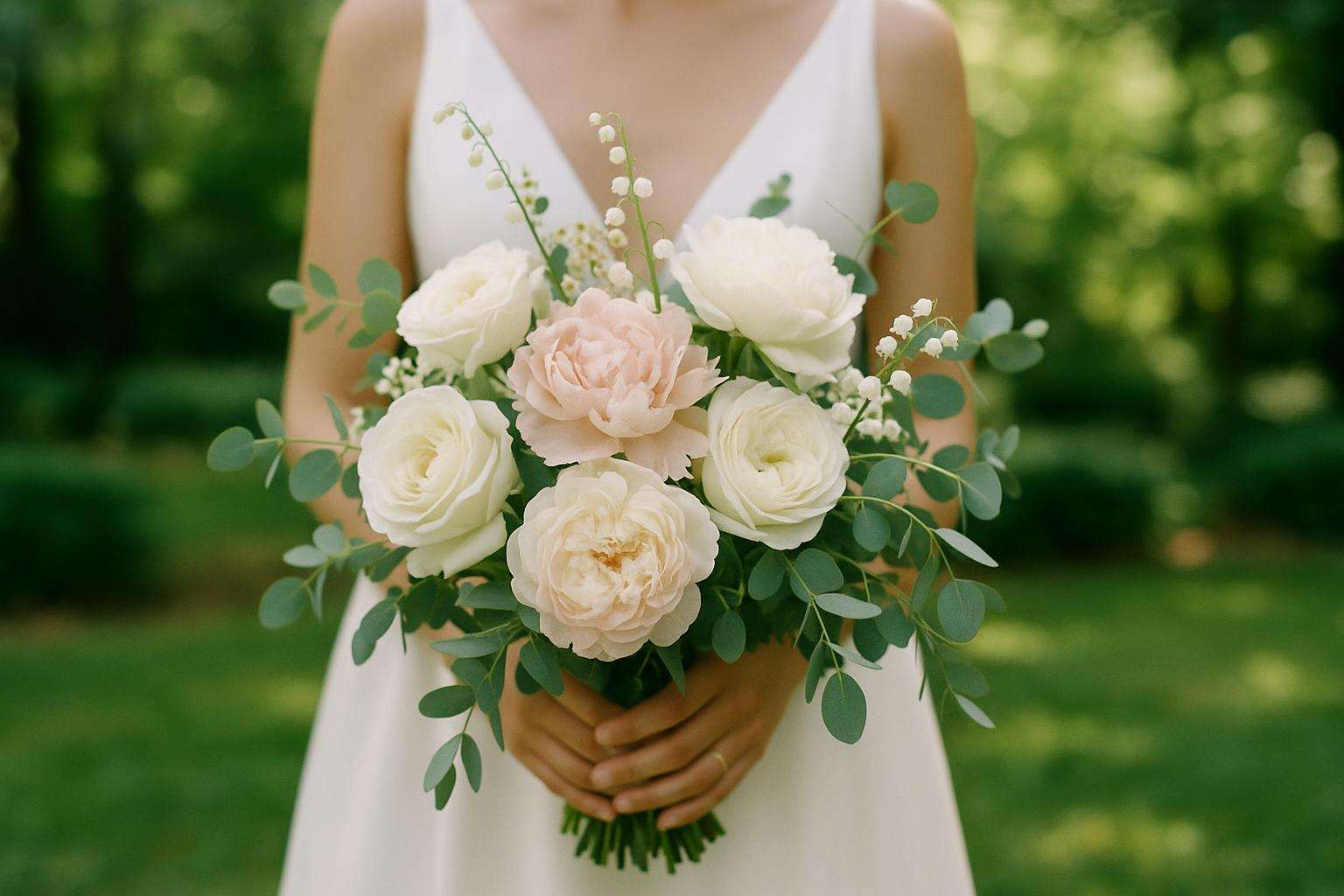 A romantic bridal bouquet featuring white garden roses, peonies, lily of the valley, and eucalyptus, held by a bride in a white gown against a soft natural garden background