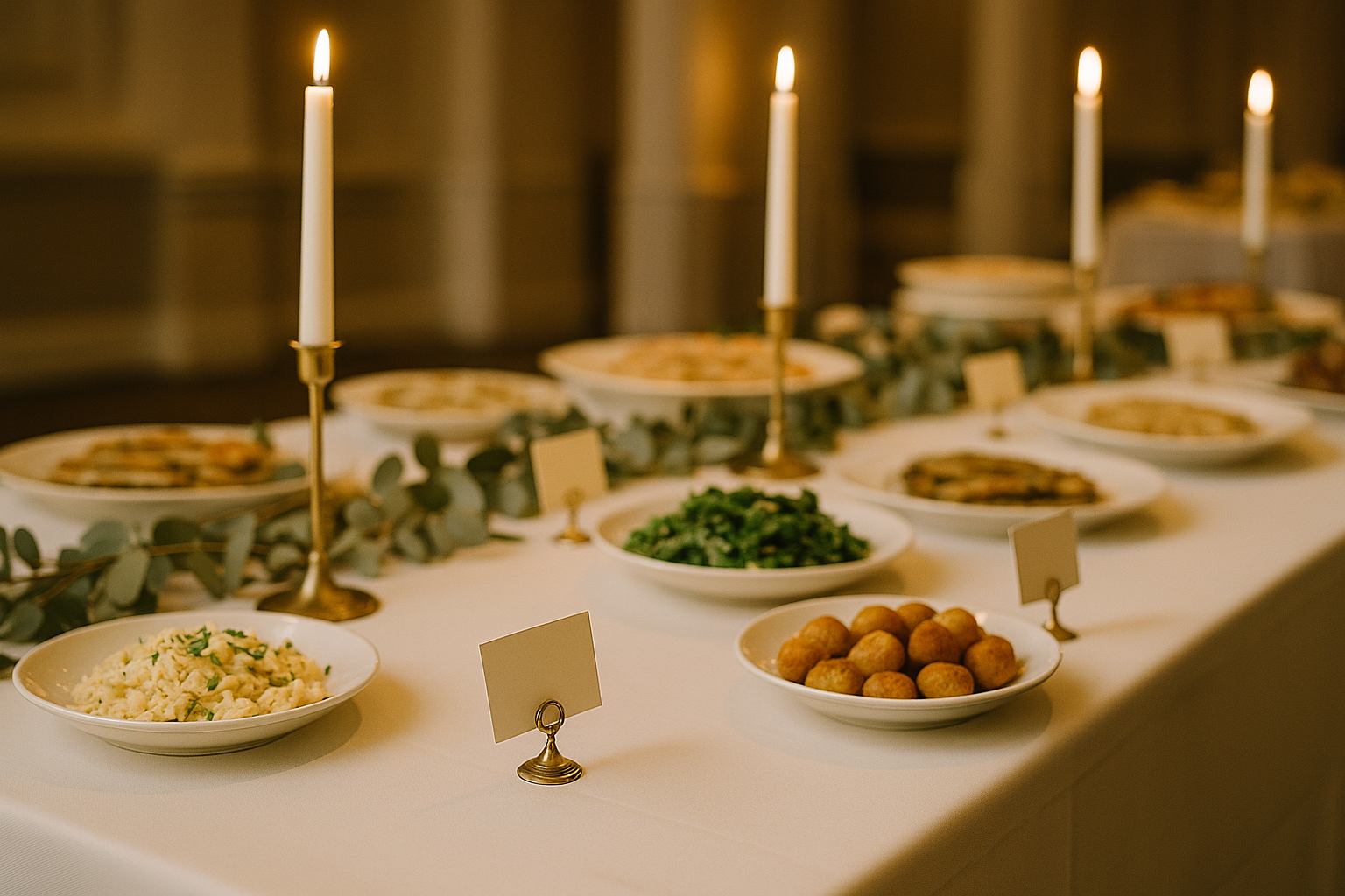 An elegant wedding reception buffet table with small handwritten label cards in brass holders identifying dishes, surrounded by lush greenery and white candles