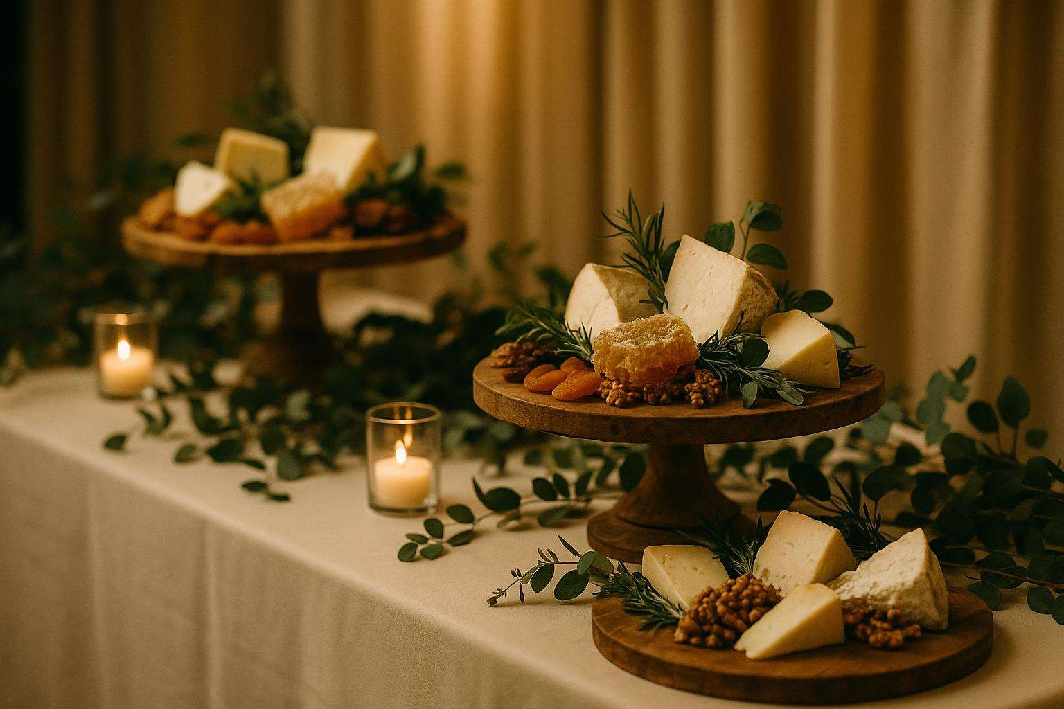 An elegant wedding food station spread with tiered platters, fresh garnishes, and warm candlelight at a softly decorated reception