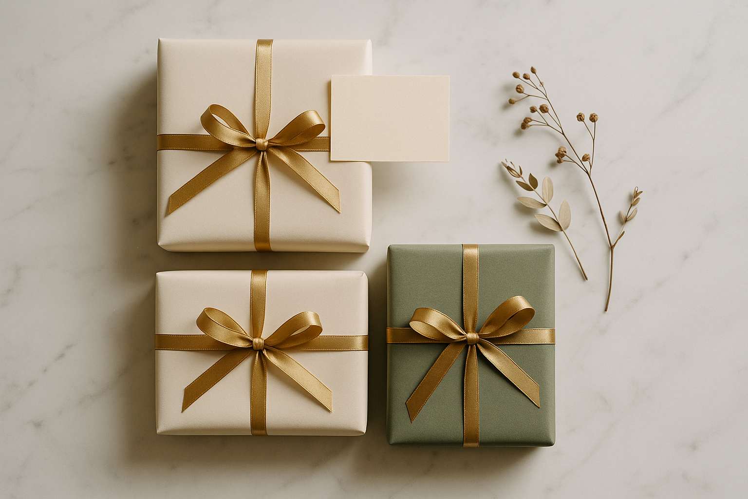 A neatly organized stack of wrapped wedding gifts in ivory and sage green paper on a marble surface, a handwritten thank-you card leaning against the top gift