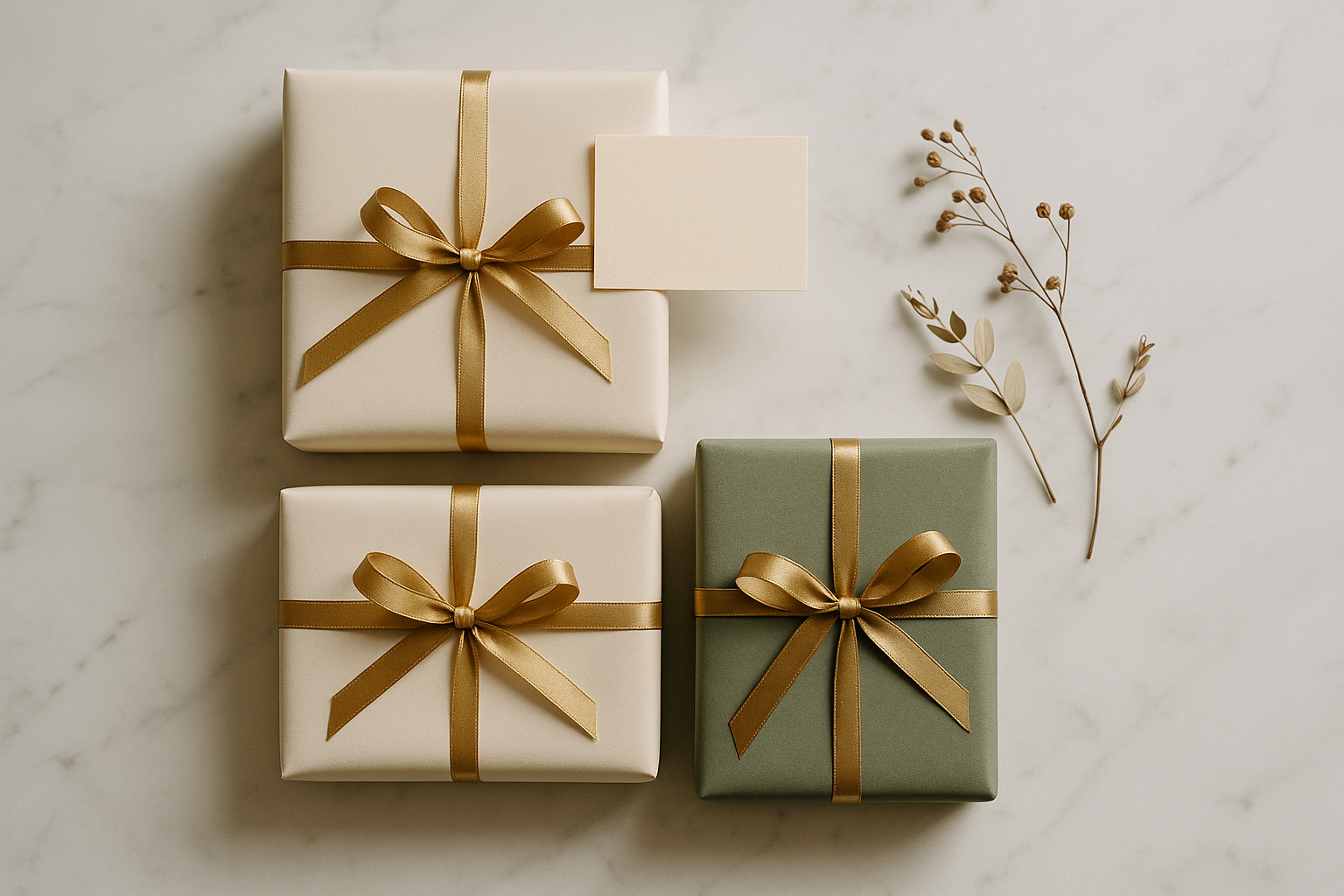 A neatly organized stack of wrapped wedding gifts in ivory and sage green paper on a marble surface, a handwritten thank-you card leaning against the top gift