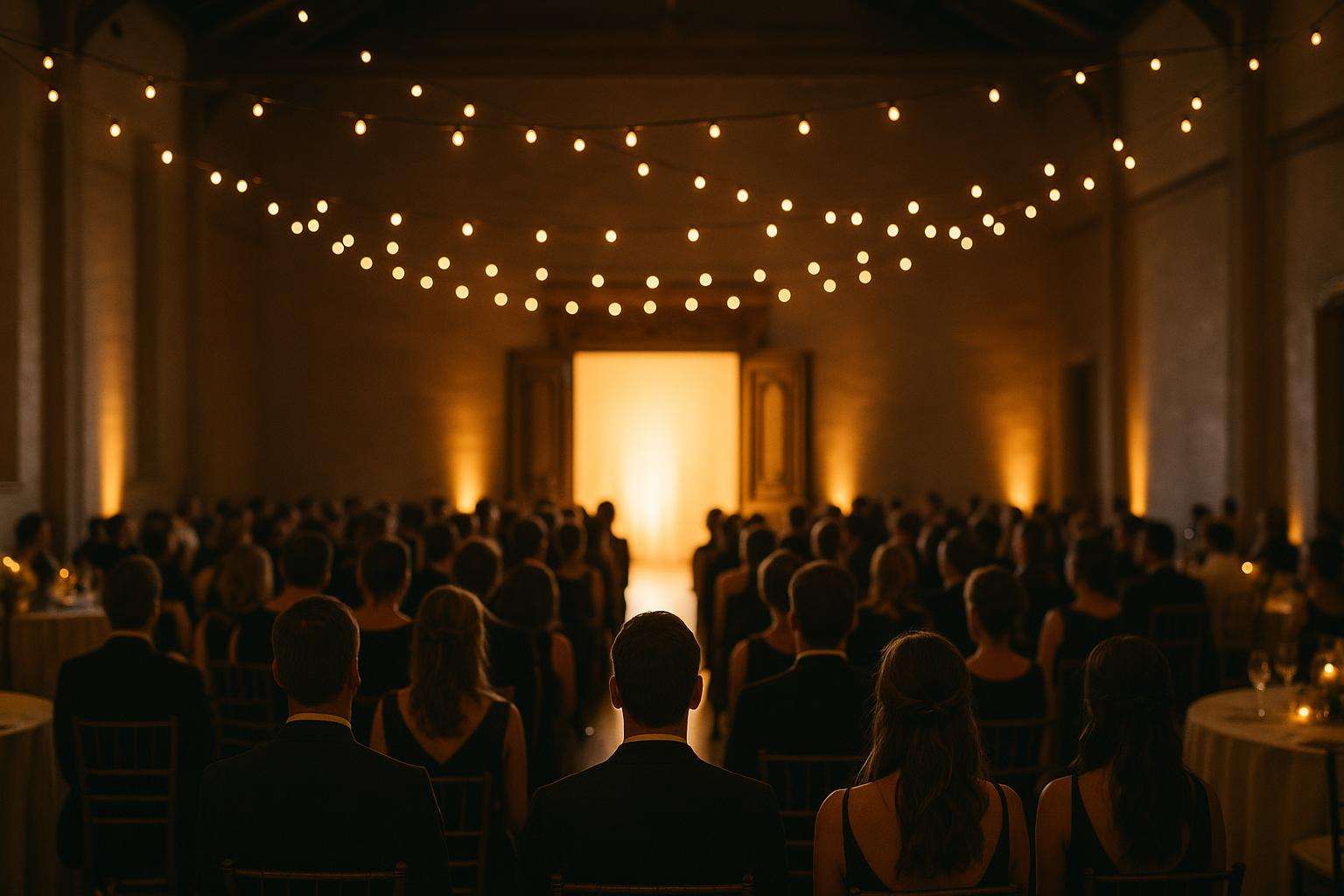 A set of grand double doors opening to a warmly lit reception hall with golden string lights and a crowd of guests turned toward the entrance in anticipation