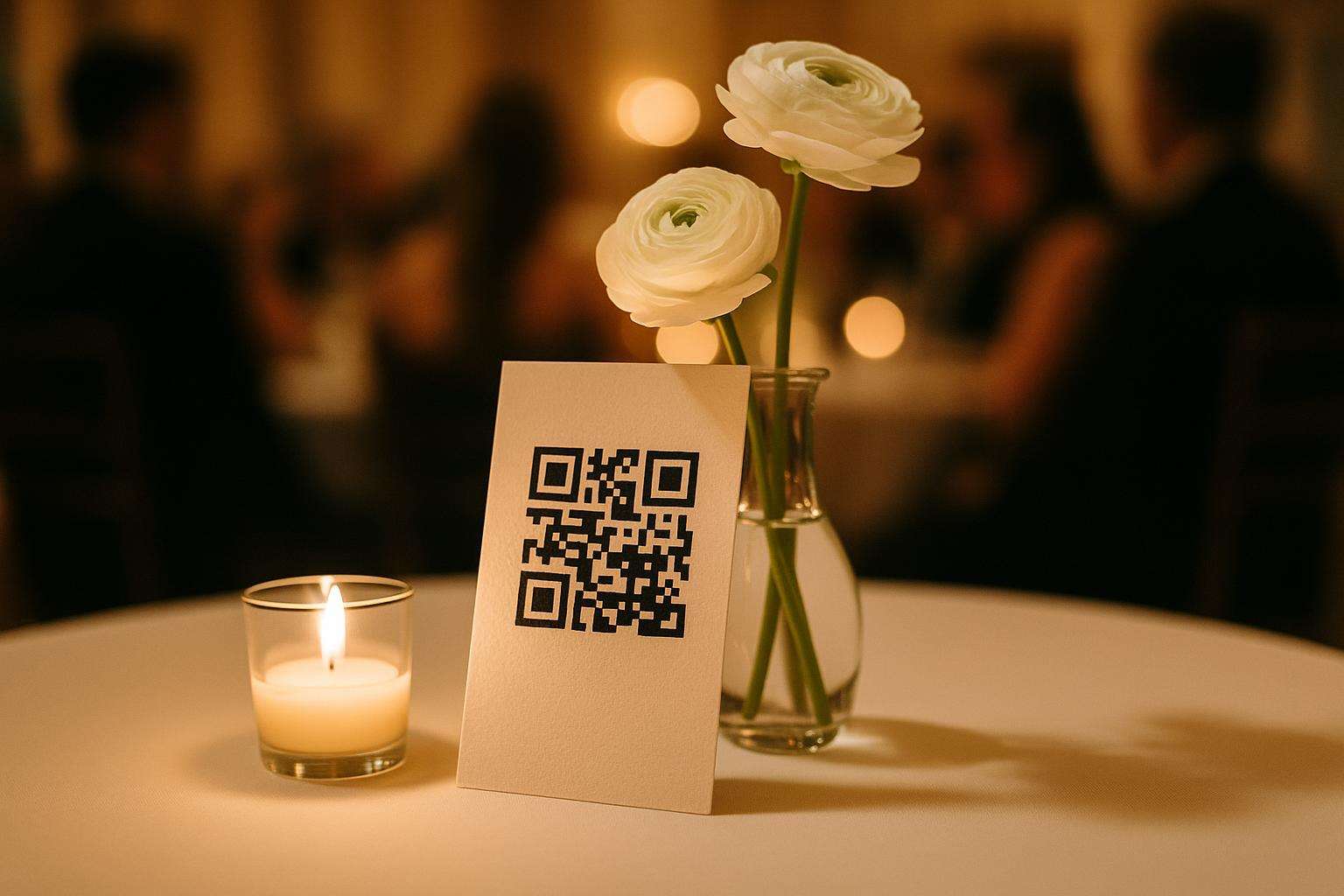 A square QR code card printed on white linen card stock sits on a wedding reception table next to a small floral arrangement and candles