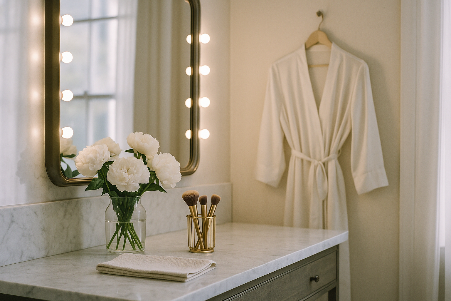 A bridal getting-ready scene with flowers, a lighted vanity mirror, makeup brushes in a gold holder, and a white robe hanging in soft morning light