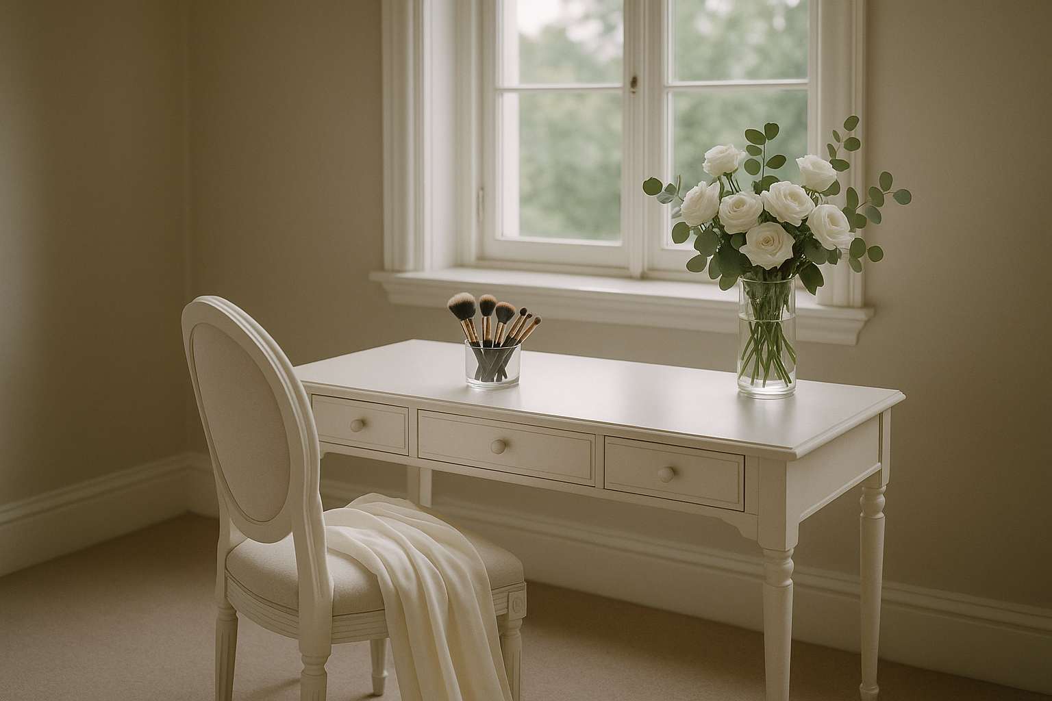 A softly lit bridal suite getting-ready scene with fresh florals on a vanity mirror, makeup brushes arranged neatly, and warm morning light through sheer curtains