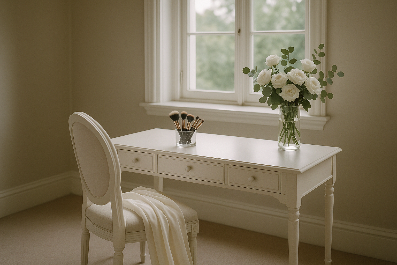 A softly lit bridal suite getting-ready scene with fresh florals on a vanity mirror, makeup brushes arranged neatly, and warm morning light through sheer curtains