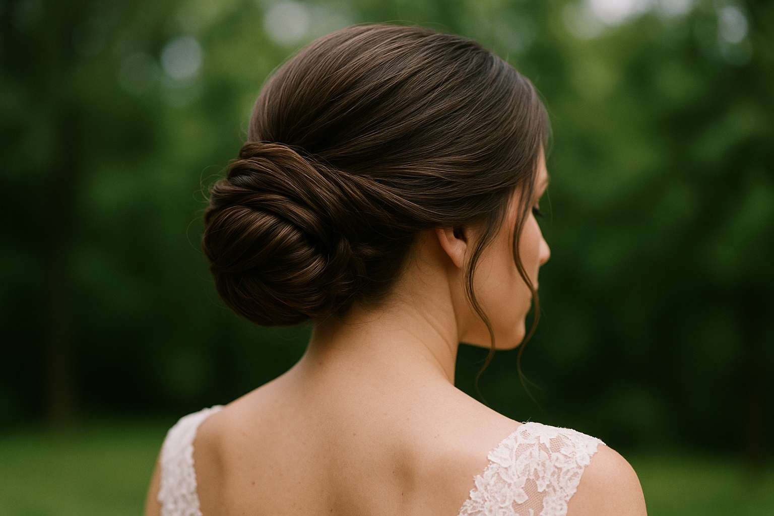 An elegant bridal updo with soft face-framing tendrils, photographed from behind against a lush garden backdrop with natural light