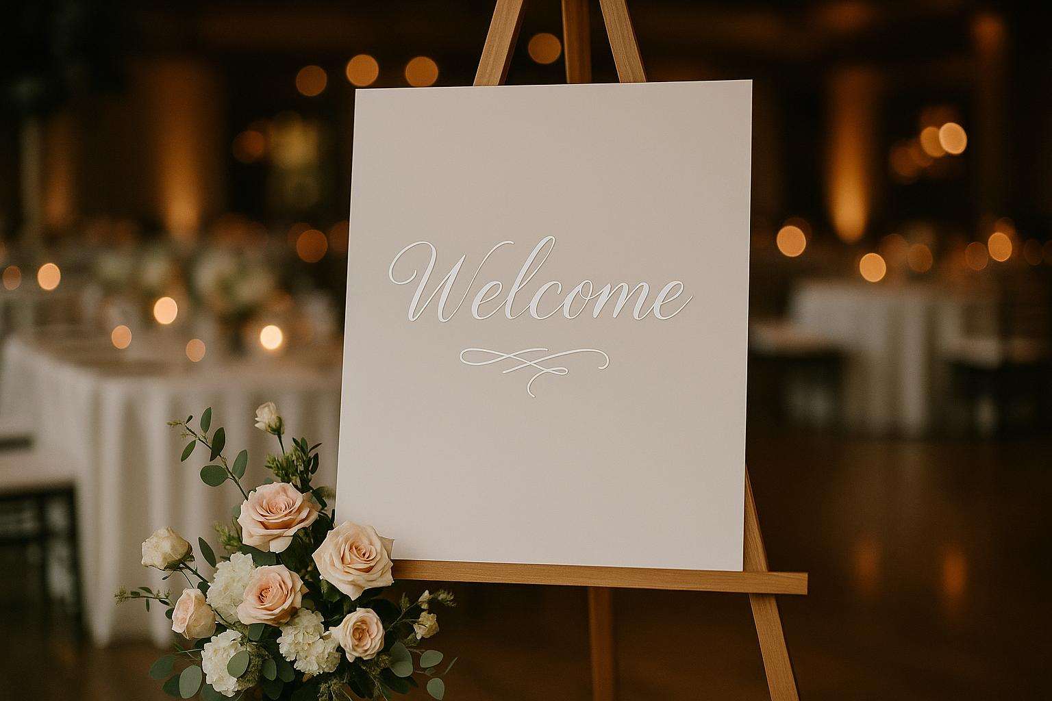 A close-up of a beautiful calligraphed wedding sign on a wooden easel displaying a wedding hashtag, surrounded by soft florals and warm reception lighting