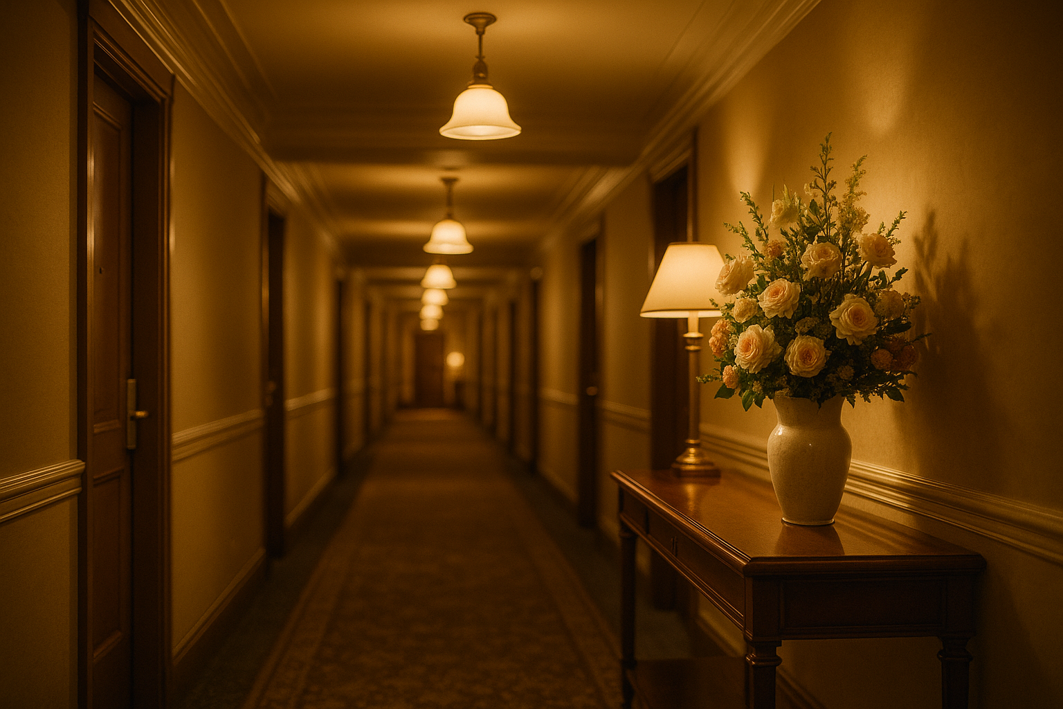 A welcoming hotel lobby corridor with warm lighting, a floral arrangement on a console table, and a view of guest room doors along a carpeted hallway.