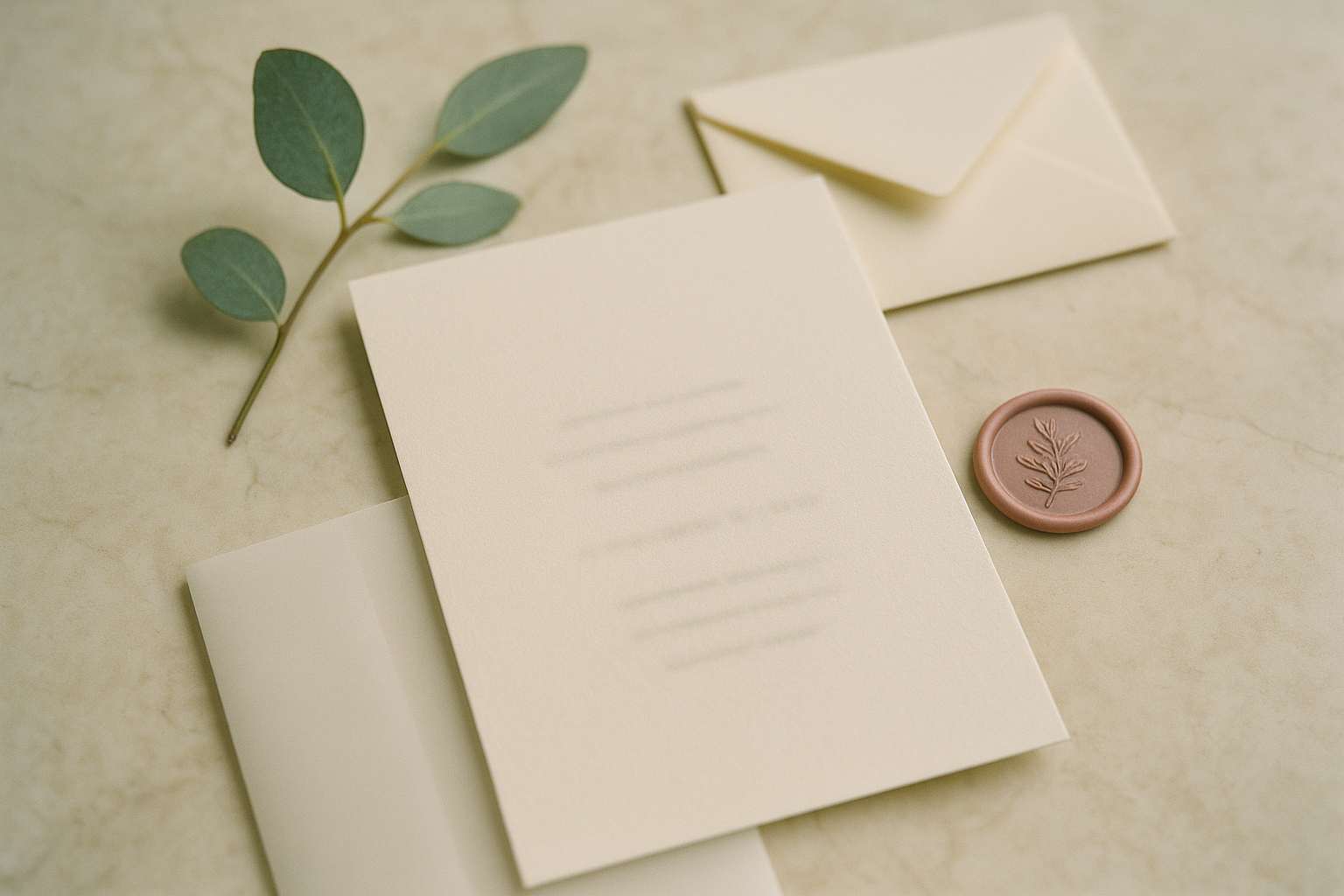 Elegant wedding invitation suite with cream letterpress stationery, wax seal, and fresh greenery on a marble surface