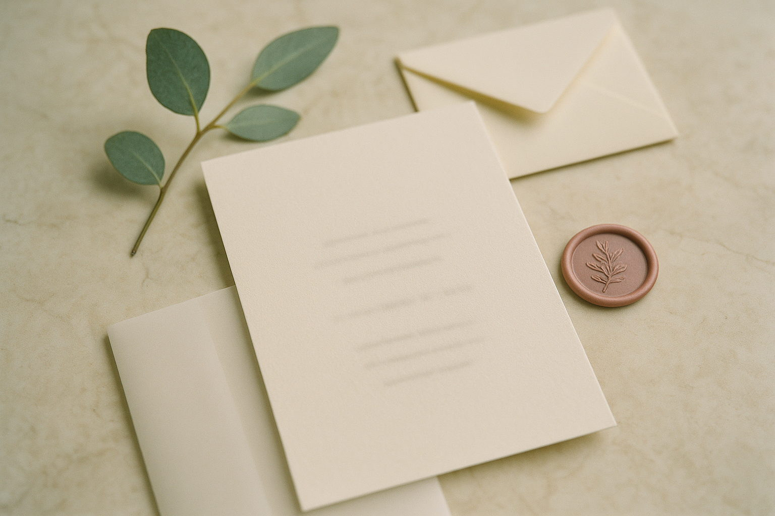 Elegant wedding invitation suite with cream letterpress stationery, wax seal, and fresh greenery on a marble surface
