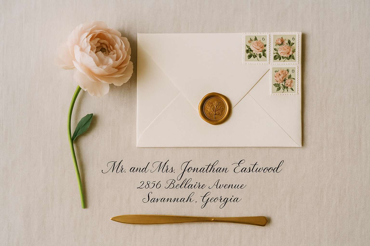 A beautifully assembled wedding invitation suite on a linen surface, showing an envelope with vintage floral stamps, wax seal, and calligraphy addressing next to pressed flowers and a gold pen