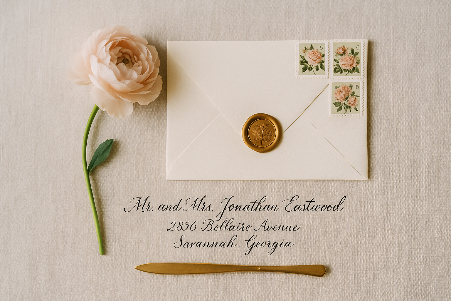 A beautifully assembled wedding invitation suite on a linen surface, showing an envelope with vintage floral stamps, wax seal, and calligraphy addressing next to pressed flowers and a gold pen