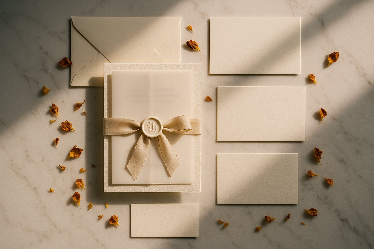 A beautifully assembled wedding invitation suite with invitation card, RSVP card, vellum overlay, and wax seal spread on a marble surface