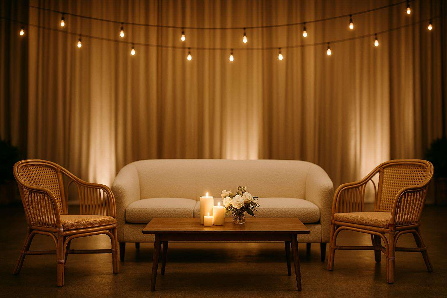 A beautifully styled wedding cocktail lounge with a cream velvet sofa, rattan accent chairs, a low wooden coffee table with candles and small florals, in warm evening light