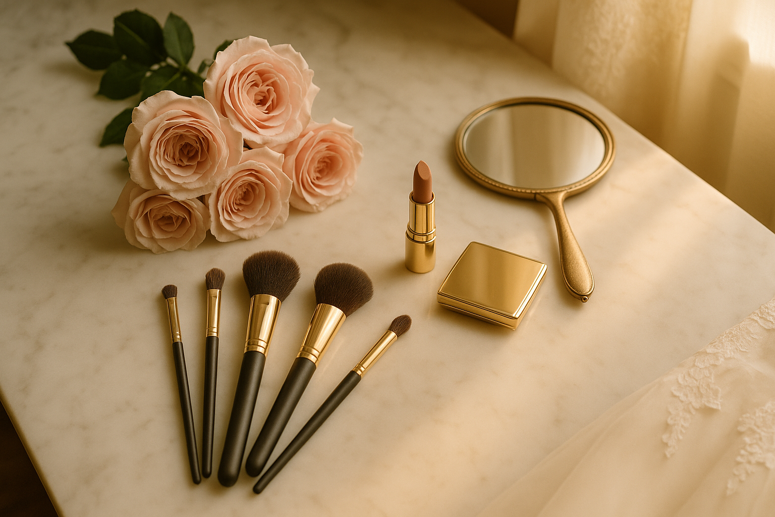 A bridal makeup vanity setup with professional brushes, lipstick, and a hand mirror arranged on a white marble surface with soft natural window light