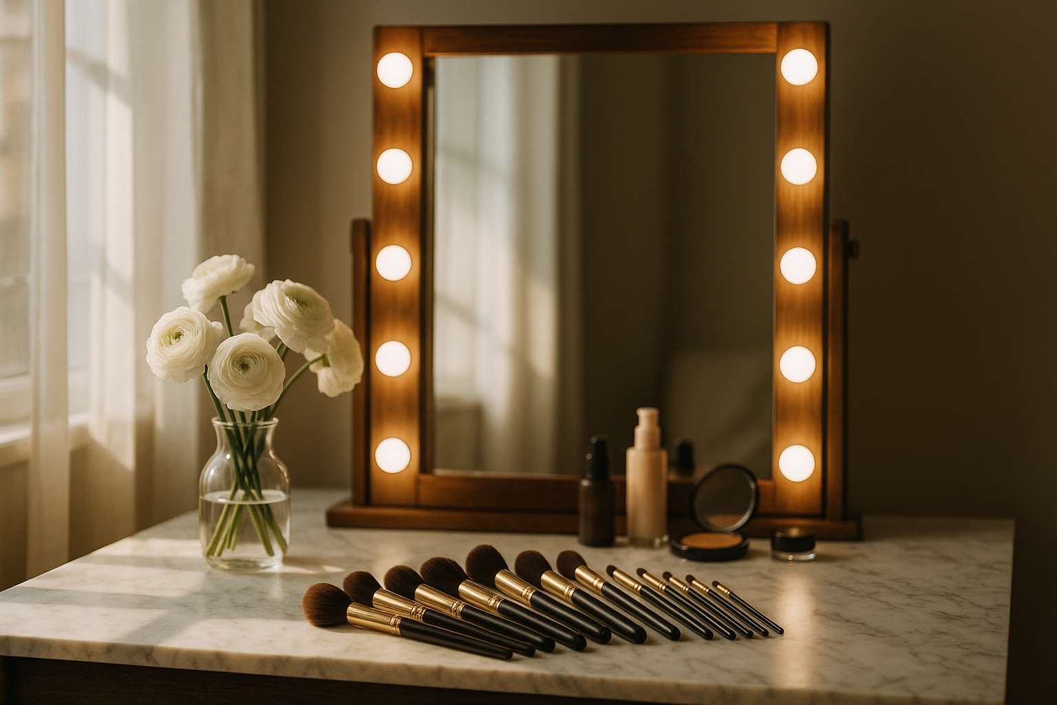 A bridal vanity table with a soft-lit mirror, arranged professional makeup brushes, a small bouquet of white ranunculus, and flattering warm morning light casting gentle shadows across the surface