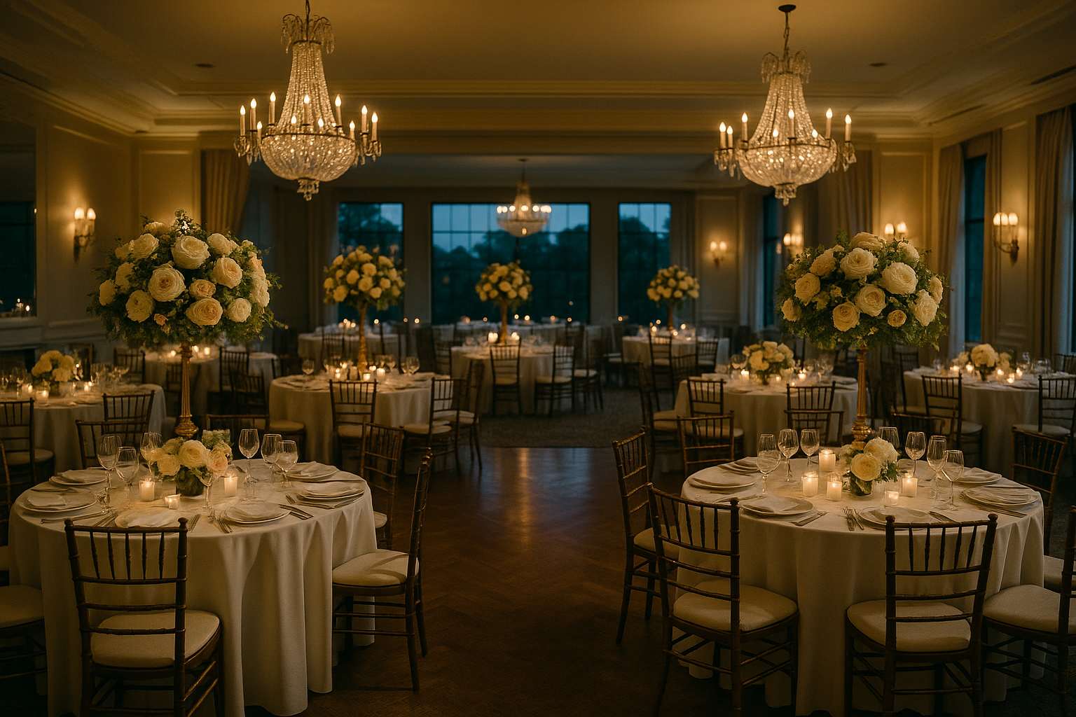 An elegantly dressed wedding reception room with chandeliers, floral centerpieces, and round tables set for dinner, ready for an evening celebration