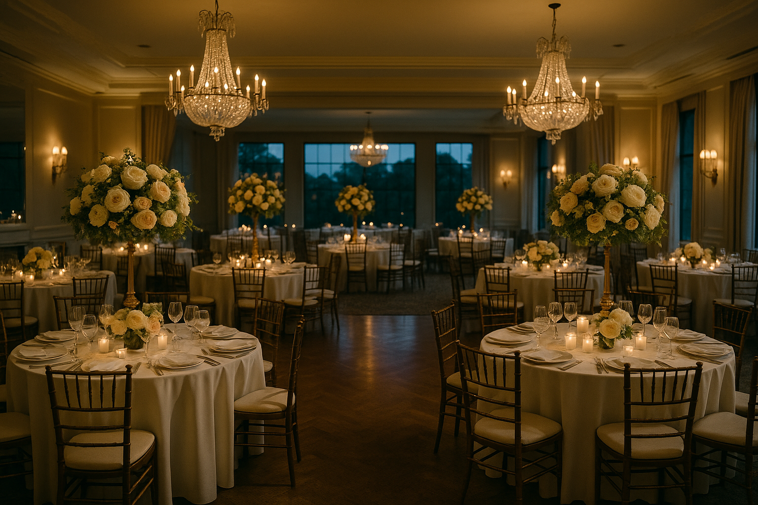 An elegantly dressed wedding reception room with chandeliers, floral centerpieces, and round tables set for dinner, ready for an evening celebration