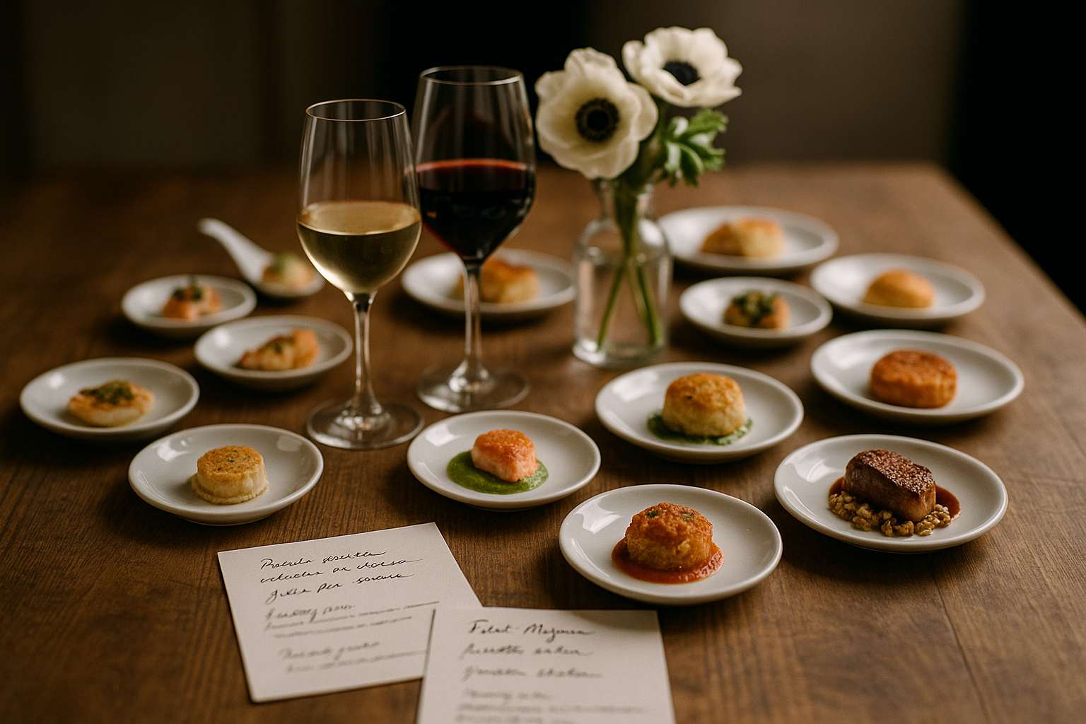 A beautifully styled catering tasting spread with small white porcelain dishes of sample courses, wine glasses, and handwritten menu cards arranged on a white linen tablecloth