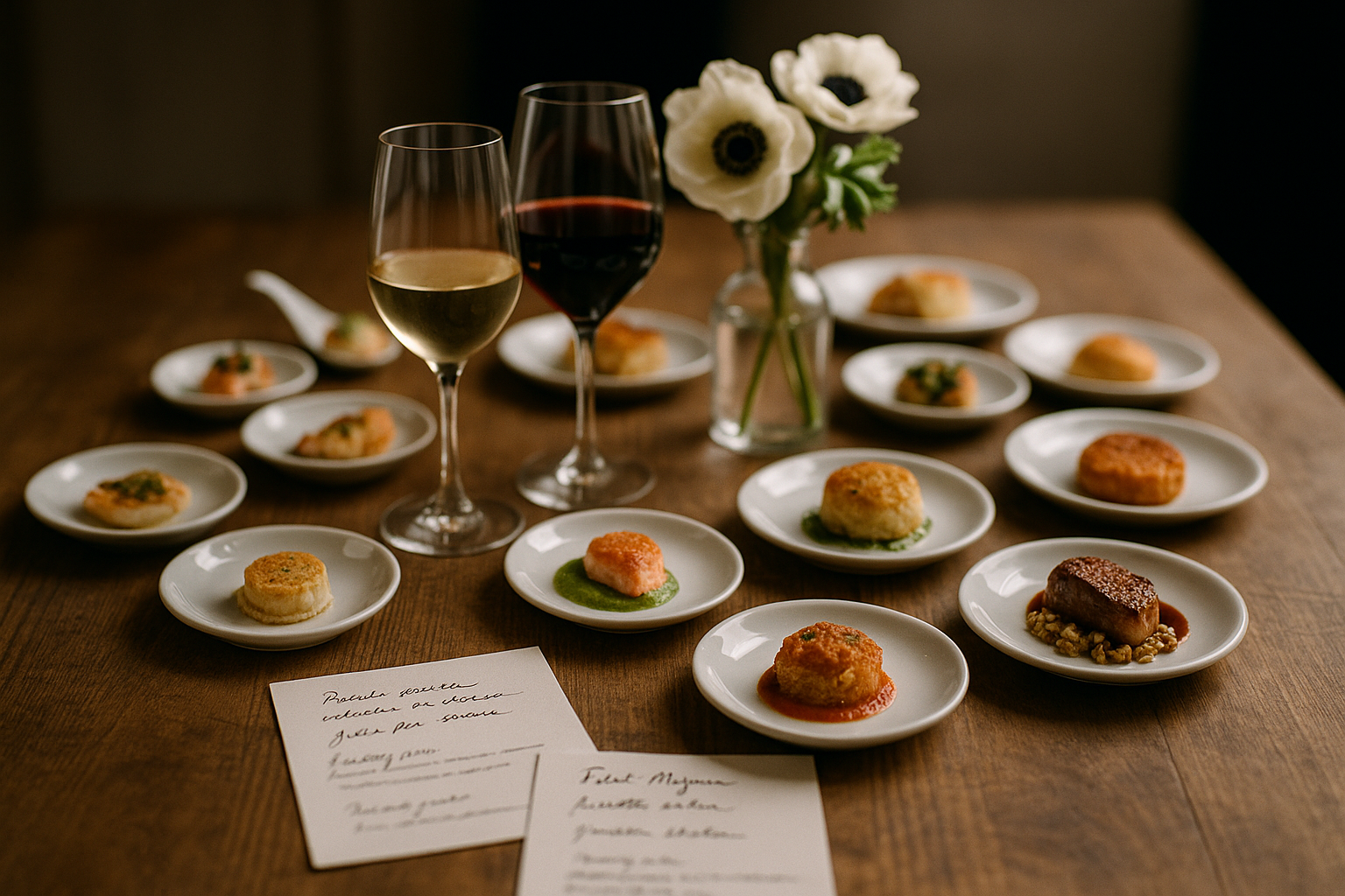 A beautifully styled catering tasting spread with small white porcelain dishes of sample courses, wine glasses, and handwritten menu cards arranged on a white linen tablecloth