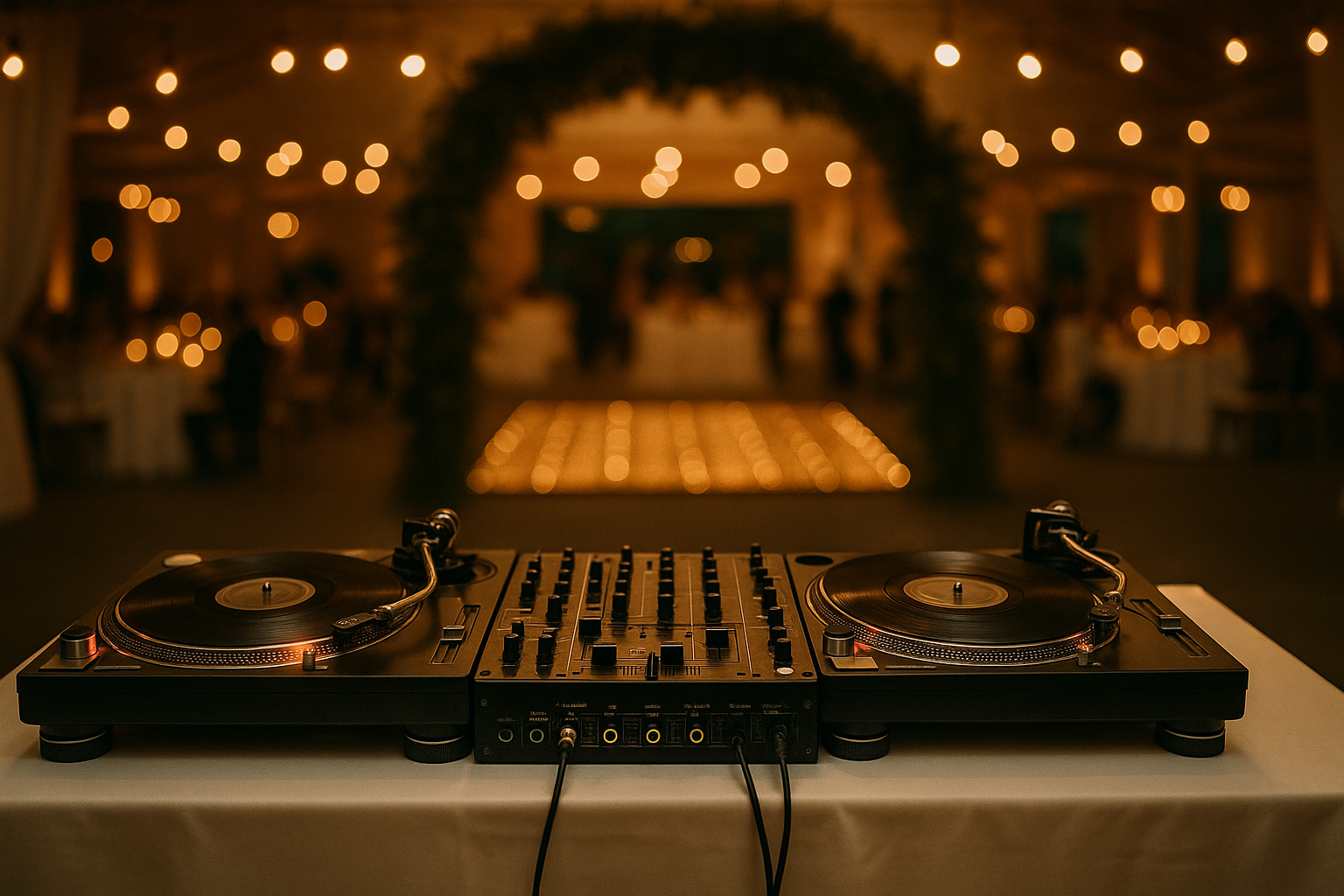 A close-up of a wedding DJ's turntable setup with soft Edison-bulb lights in the background, a wedding reception dance floor visible and glowing warm amber beyond the equipment.