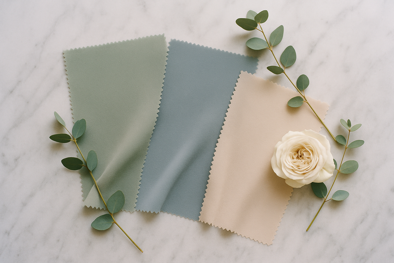 A flat lay of bridesmaid dress fabric swatches in sage, dusty blue, and champagne beside eucalyptus stems and a ivory rose on a marble surface