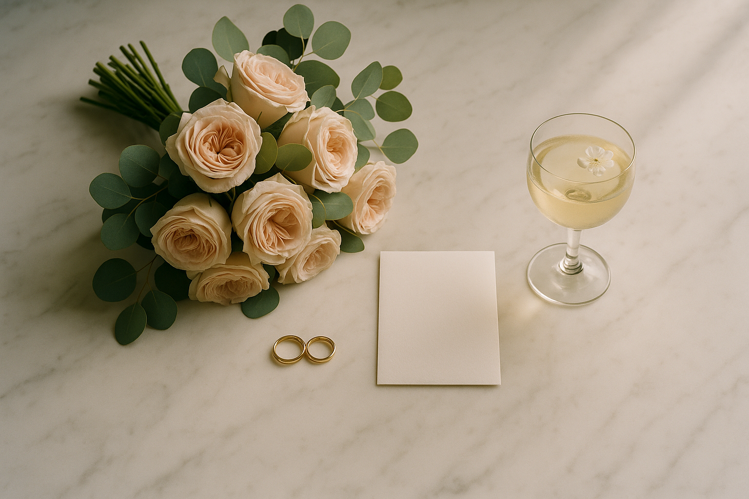 A bridal bouquet of garden roses, ranunculus, and eucalyptus resting beside wedding rings and an invitation suite on a marble surface in soft natural window light