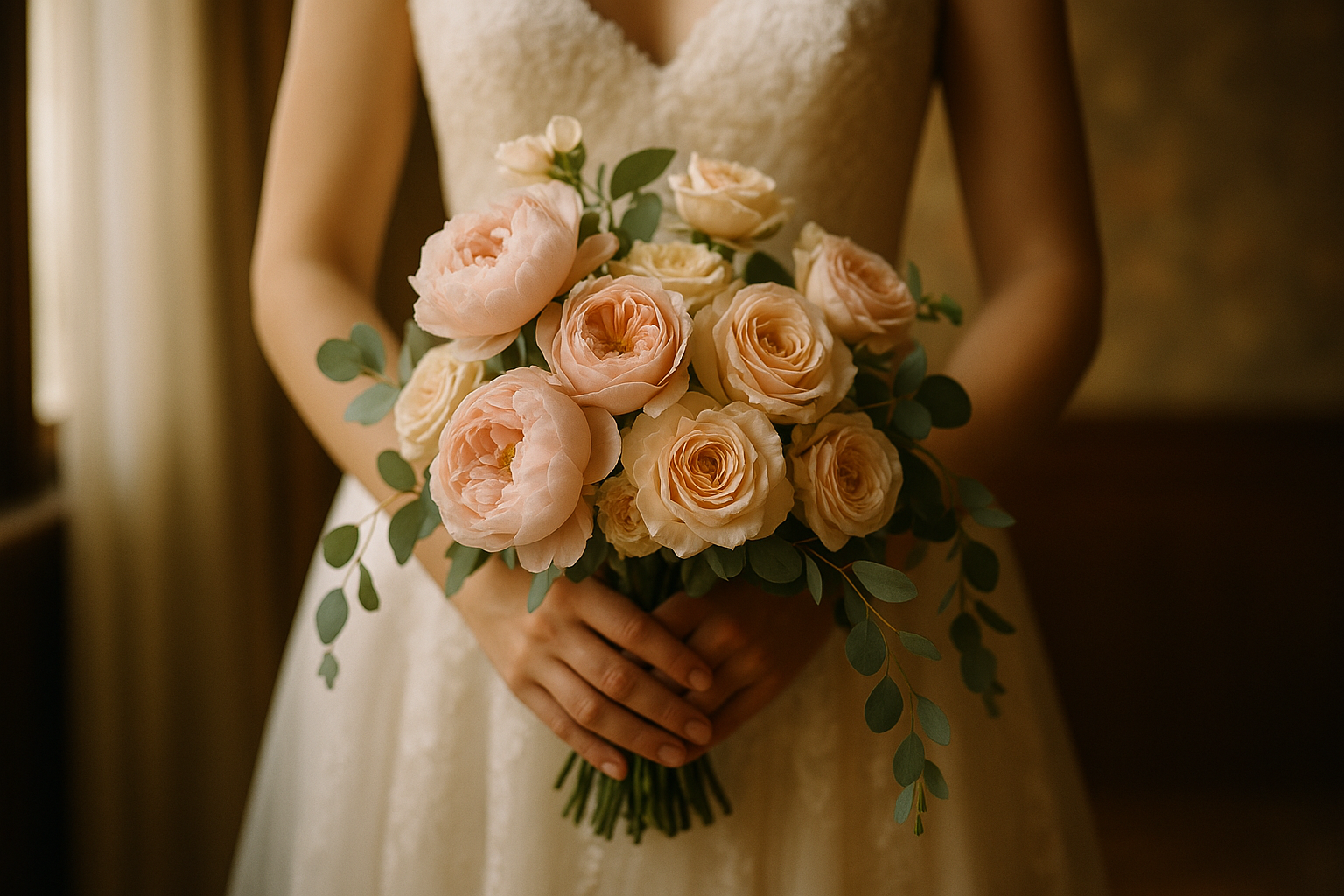 A fine-art wedding photograph of a bride's hands holding a loose garden bouquet of blush peonies and eucalyptus, soft natural window light creating a warm painterly glow, no faces visible.
