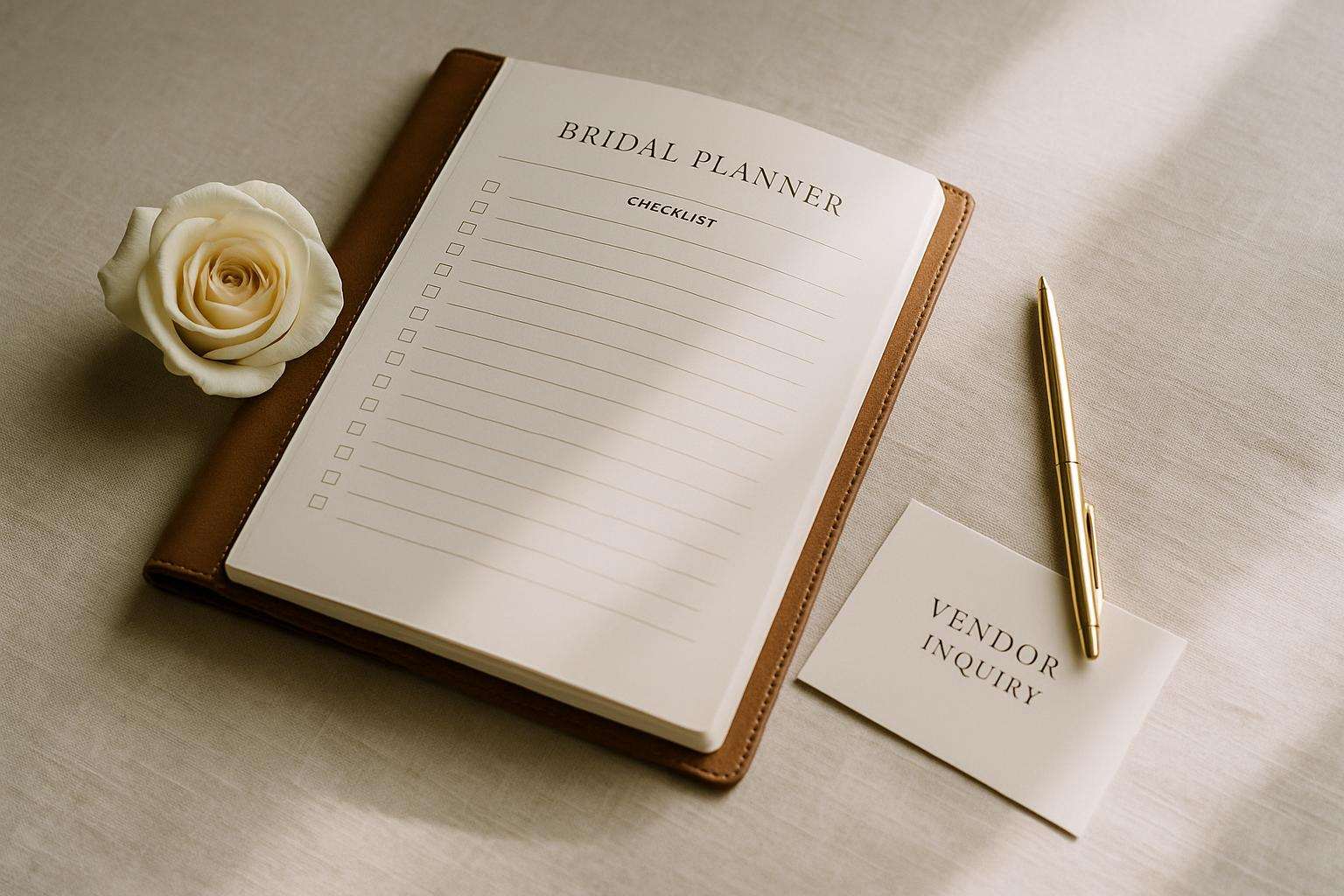 A bridal planning workspace with an open planner, pressed flowers, and soft natural light, calm and organized, no faces visible