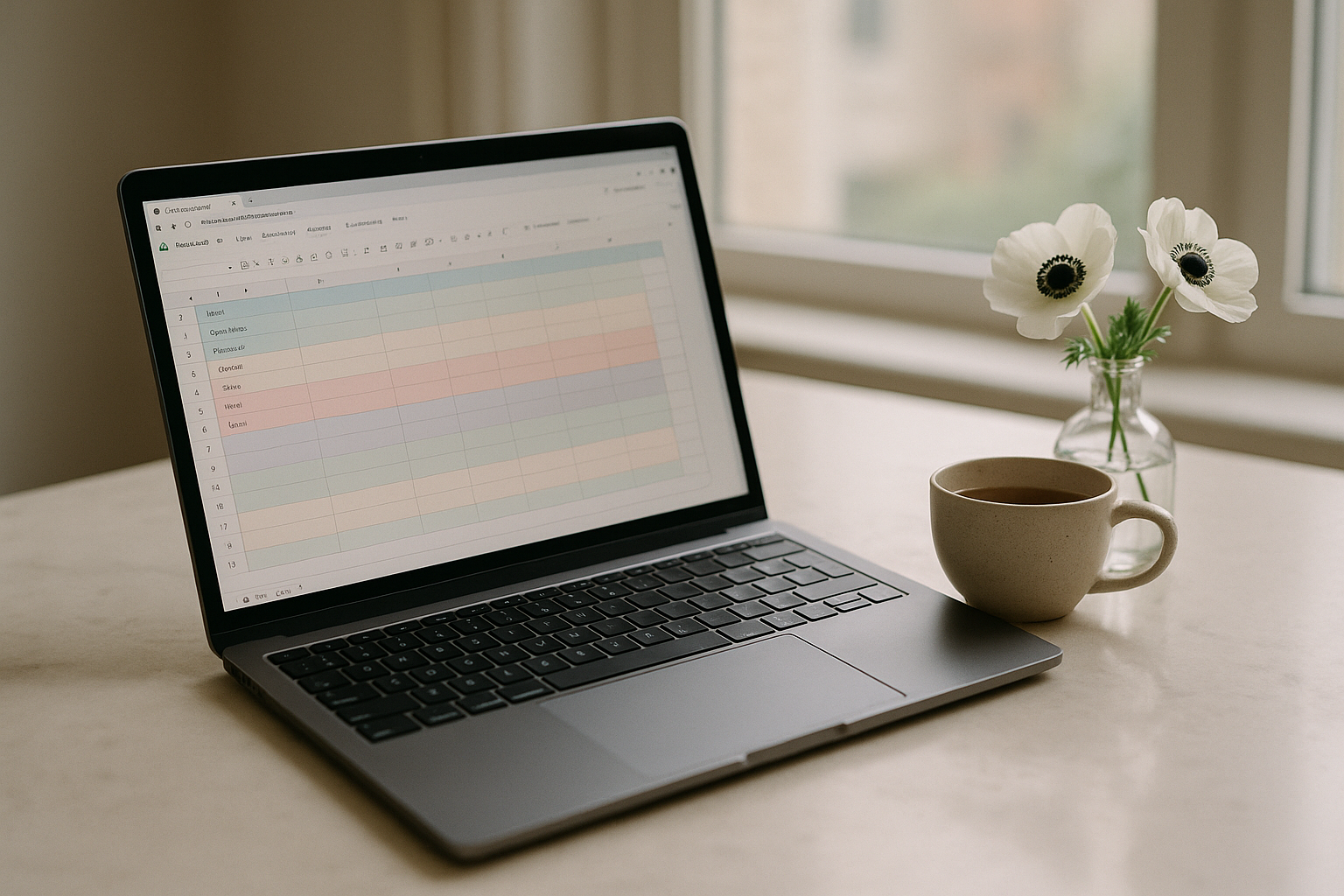 An open laptop showing a colorful wedding planning spreadsheet with budget, guest list, and vendor tabs, on a marble desk beside a cup of tea and a small vase of white flowers