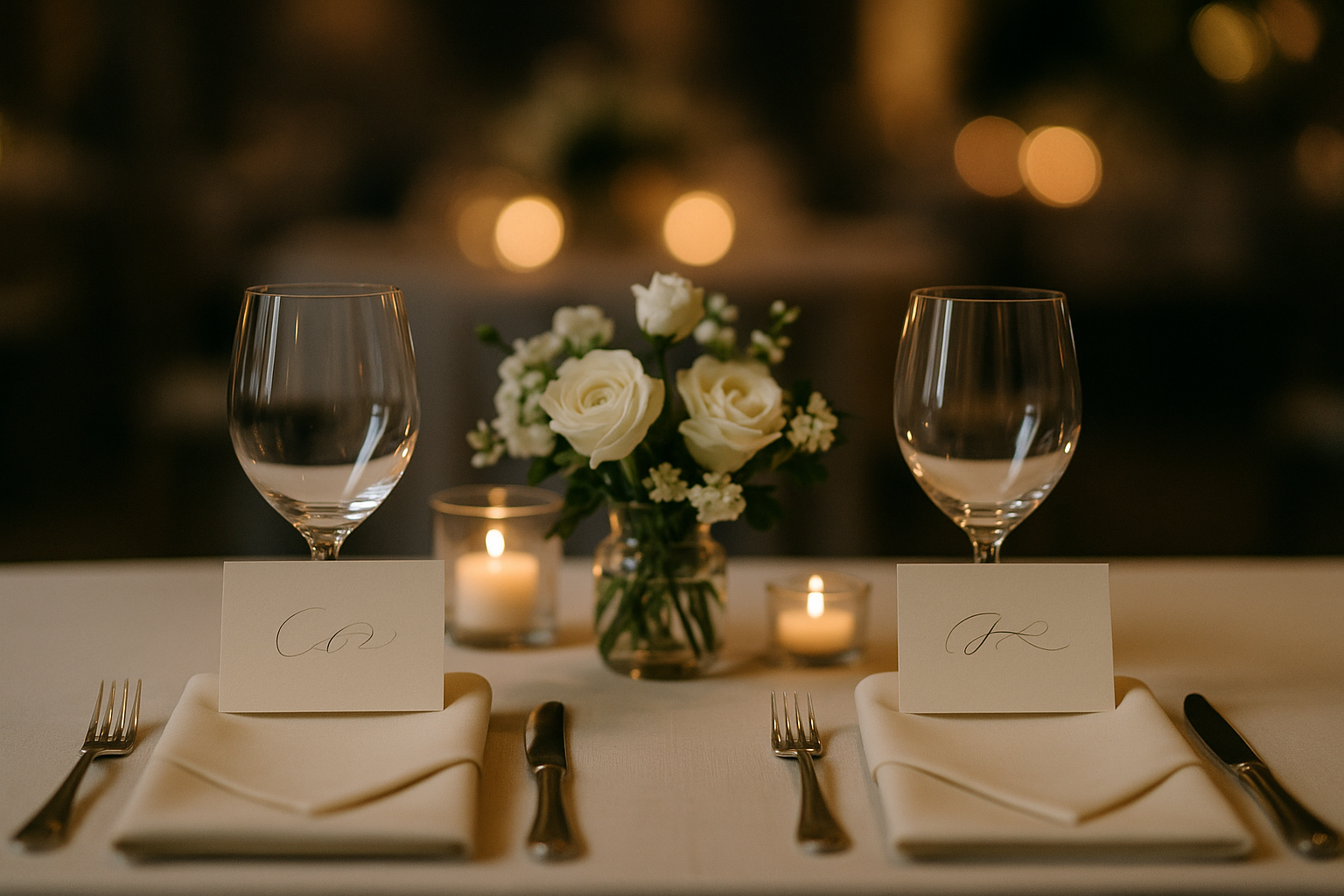 Elegant wedding place settings for two at a round reception table — two ivory place cards with names handwritten in calligraphy, surrounded by white florals and soft candlelight