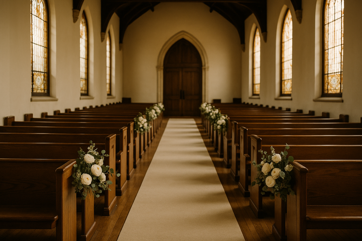 A flower-lined church aisle viewed from the altar end, white and cream floral arrangements on the pews, morning light streaming through stained-glass windows, aisle runner visible