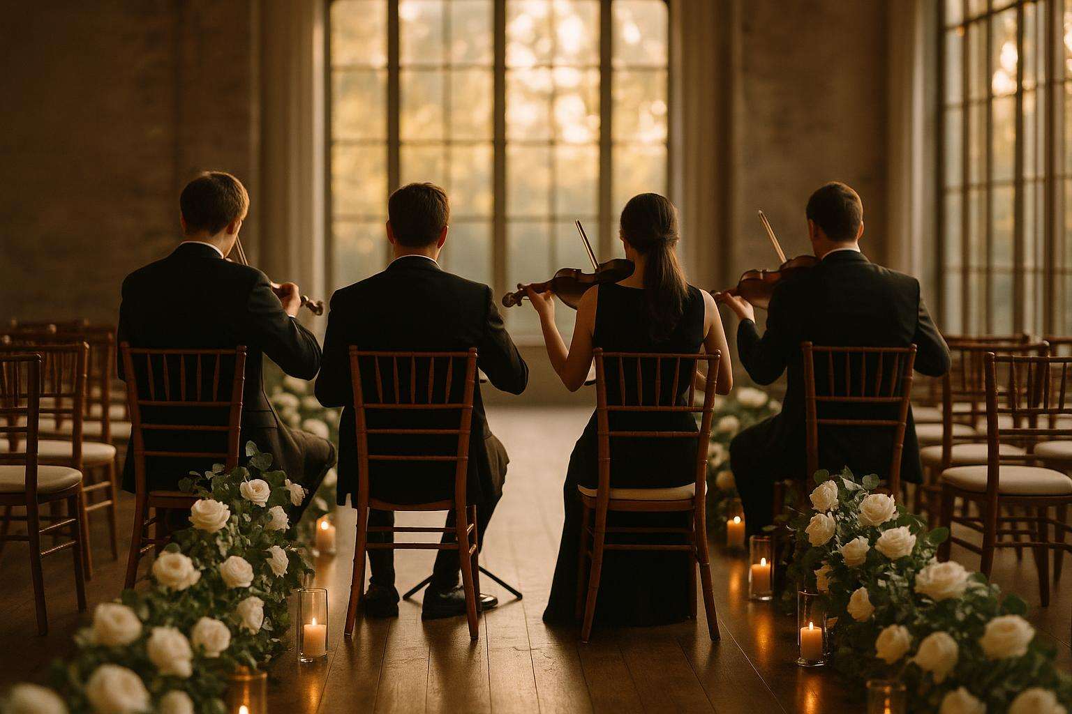 A string quartet performing in soft light at the back of an aisle lined with white floral arrangements and candlelit lanterns in a beautiful ceremony space