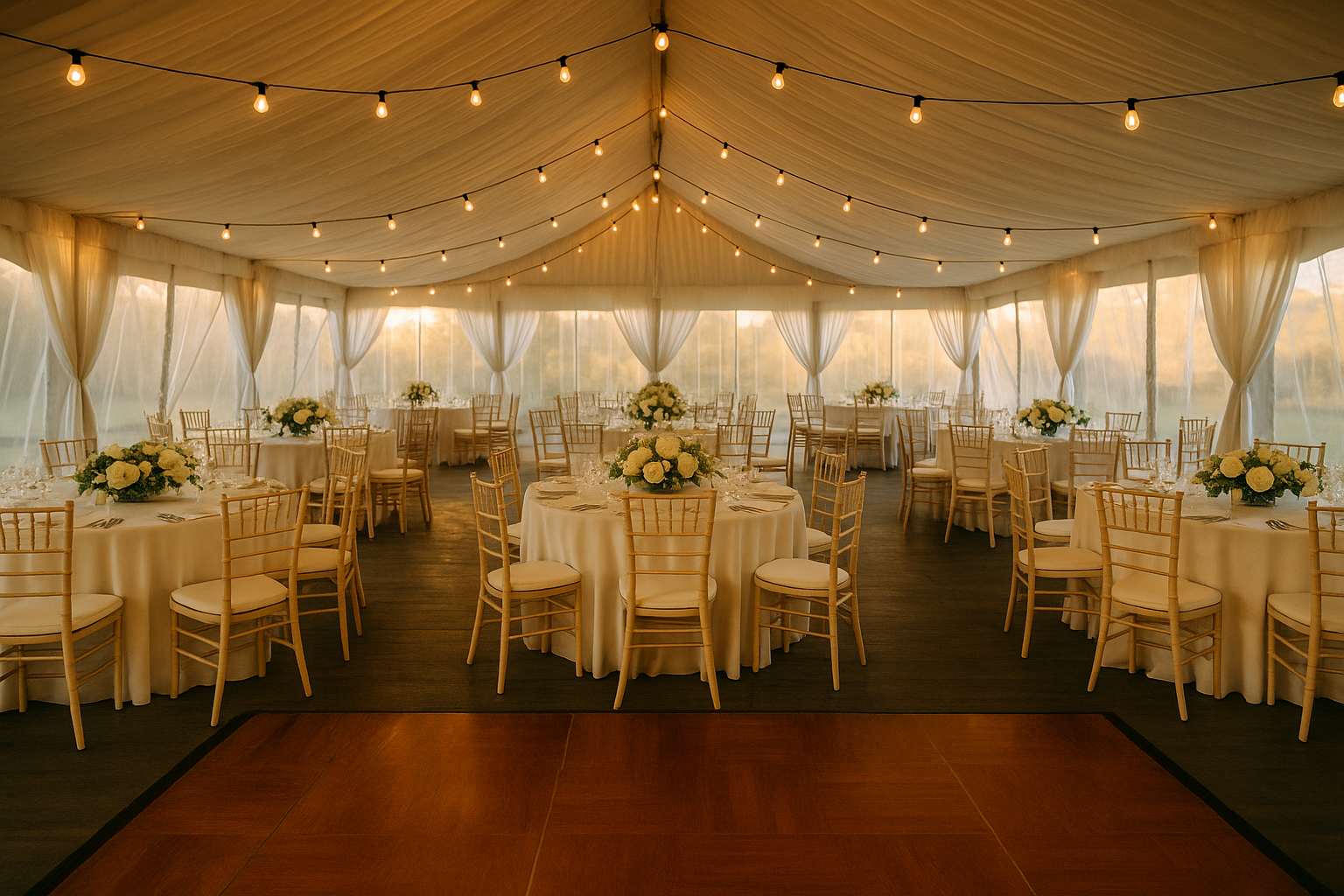 An elegant wedding reception tent interior with warm Edison string lights overhead, chiavari chairs in ivory at round tables with lush white floral centerpieces, a wooden dance floor in the foreground, and sheer white draping framing the tent perimeter