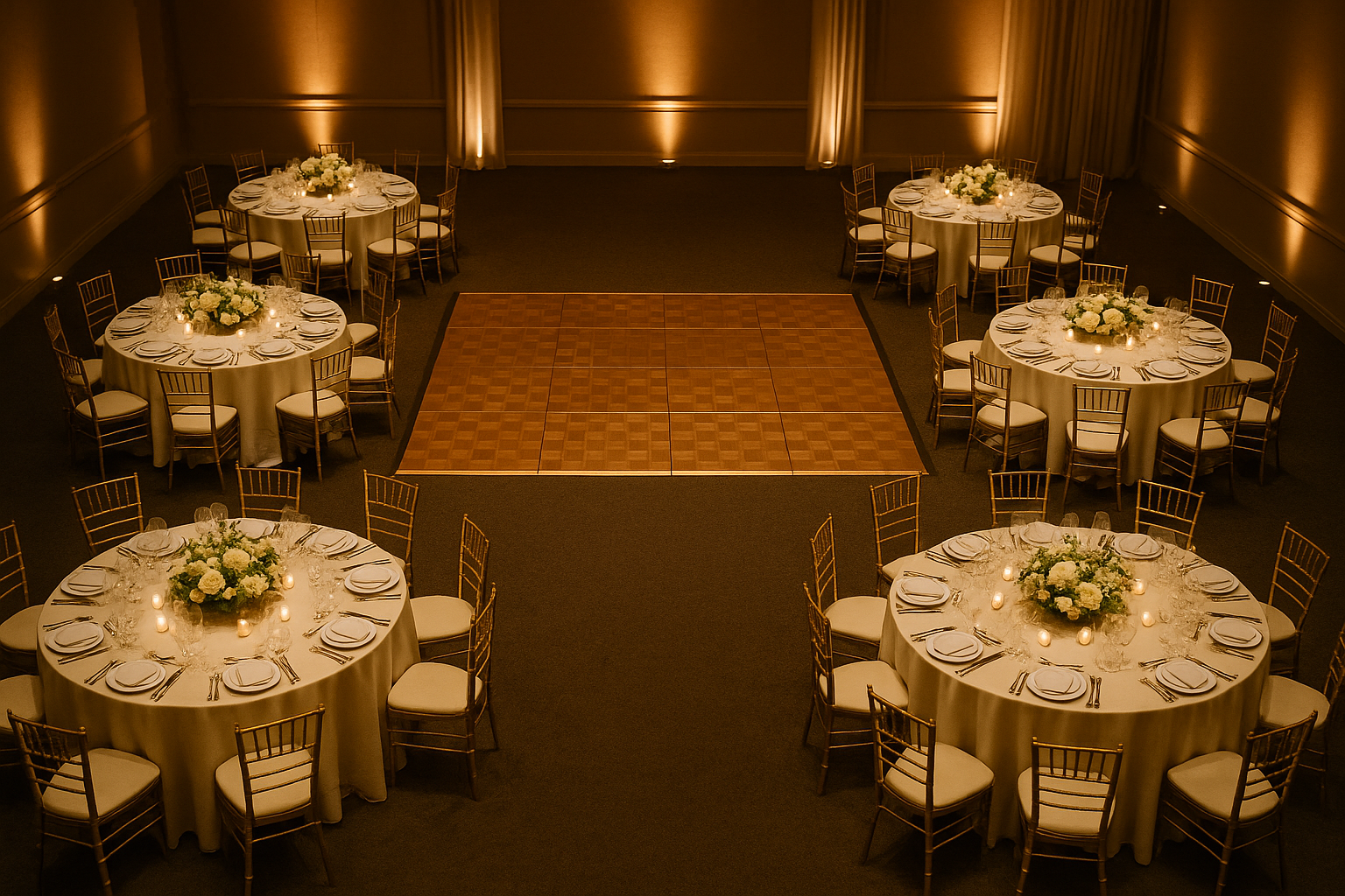 Bird's-eye view of an elegantly laid out wedding reception ballroom with round tables set with white linens, floral centerpieces, and a dance floor in the center surrounded by warm ambient lighting