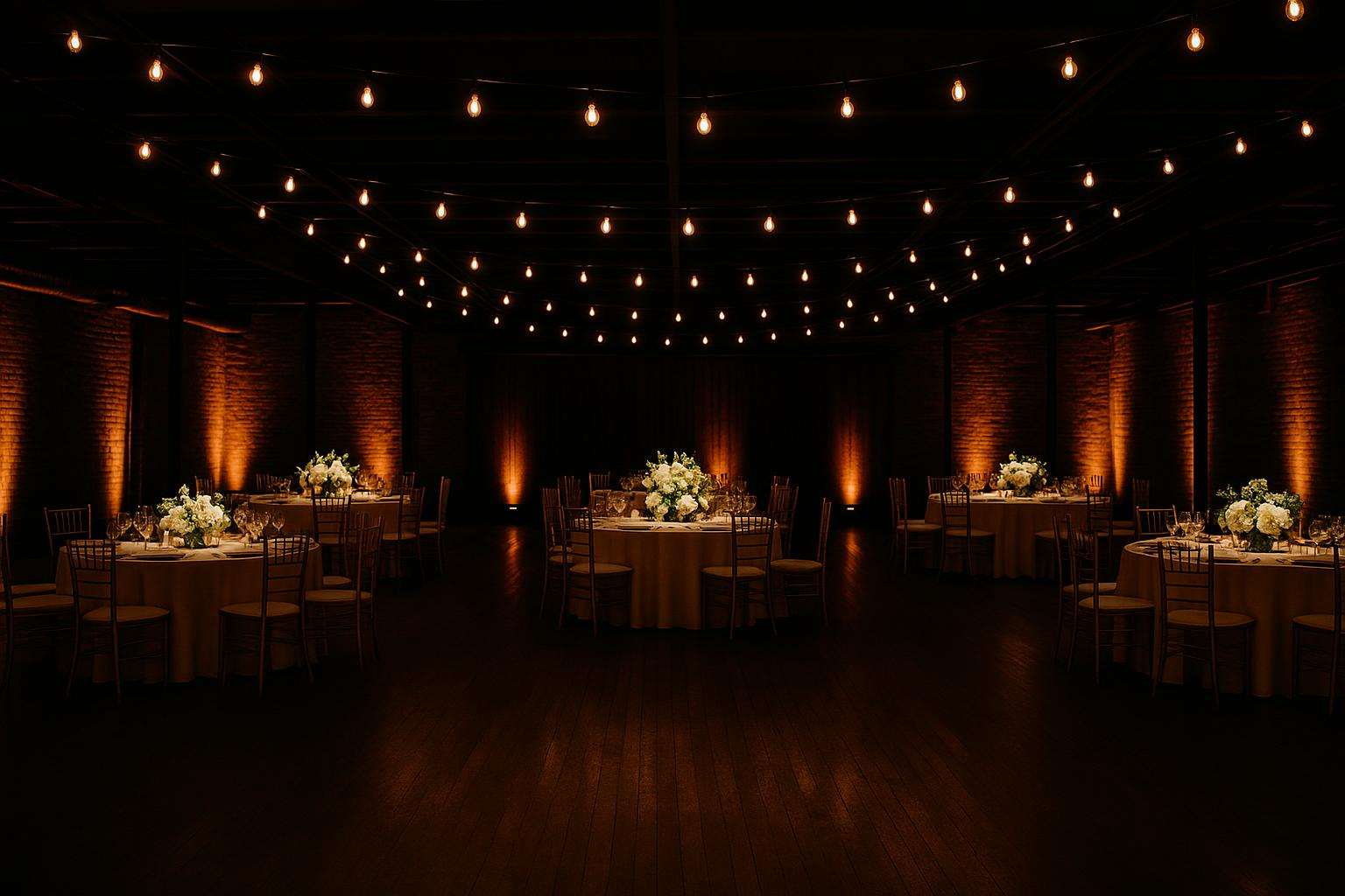 A warmly lit wedding reception ballroom with amber uplighting on the walls, Edison string lights overhead, and pin-spotted centerpieces glowing against a dark ceiling