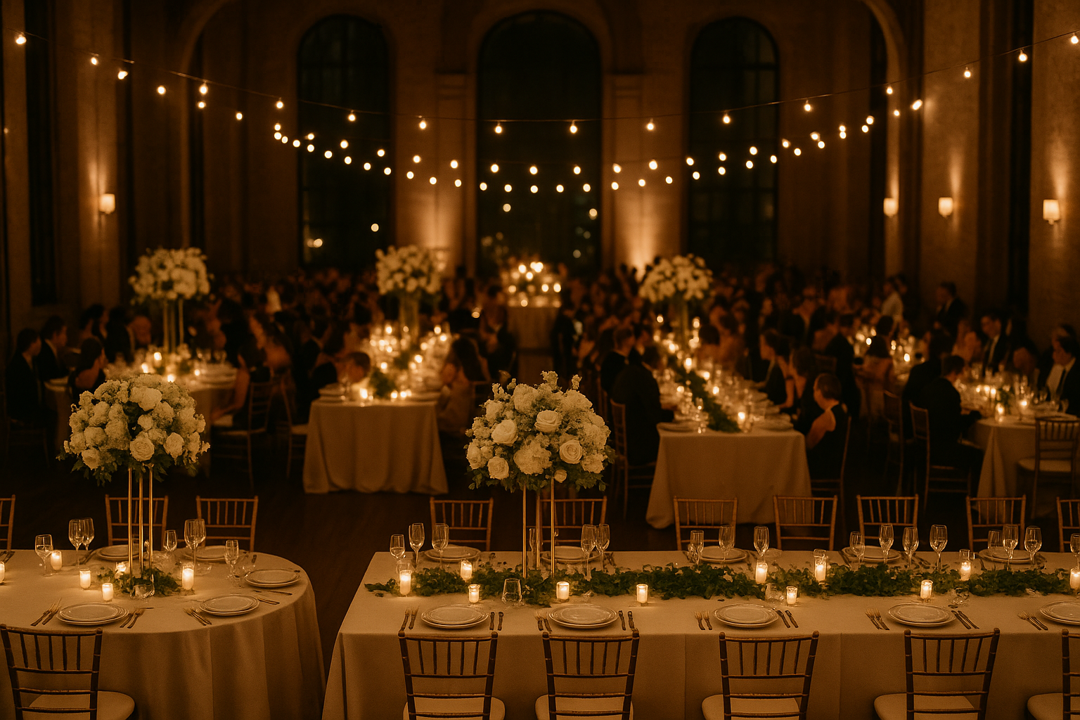 Aerial view of an elegantly set wedding reception with mixed round and long banquet tables, lush floral centerpieces, and candlelight