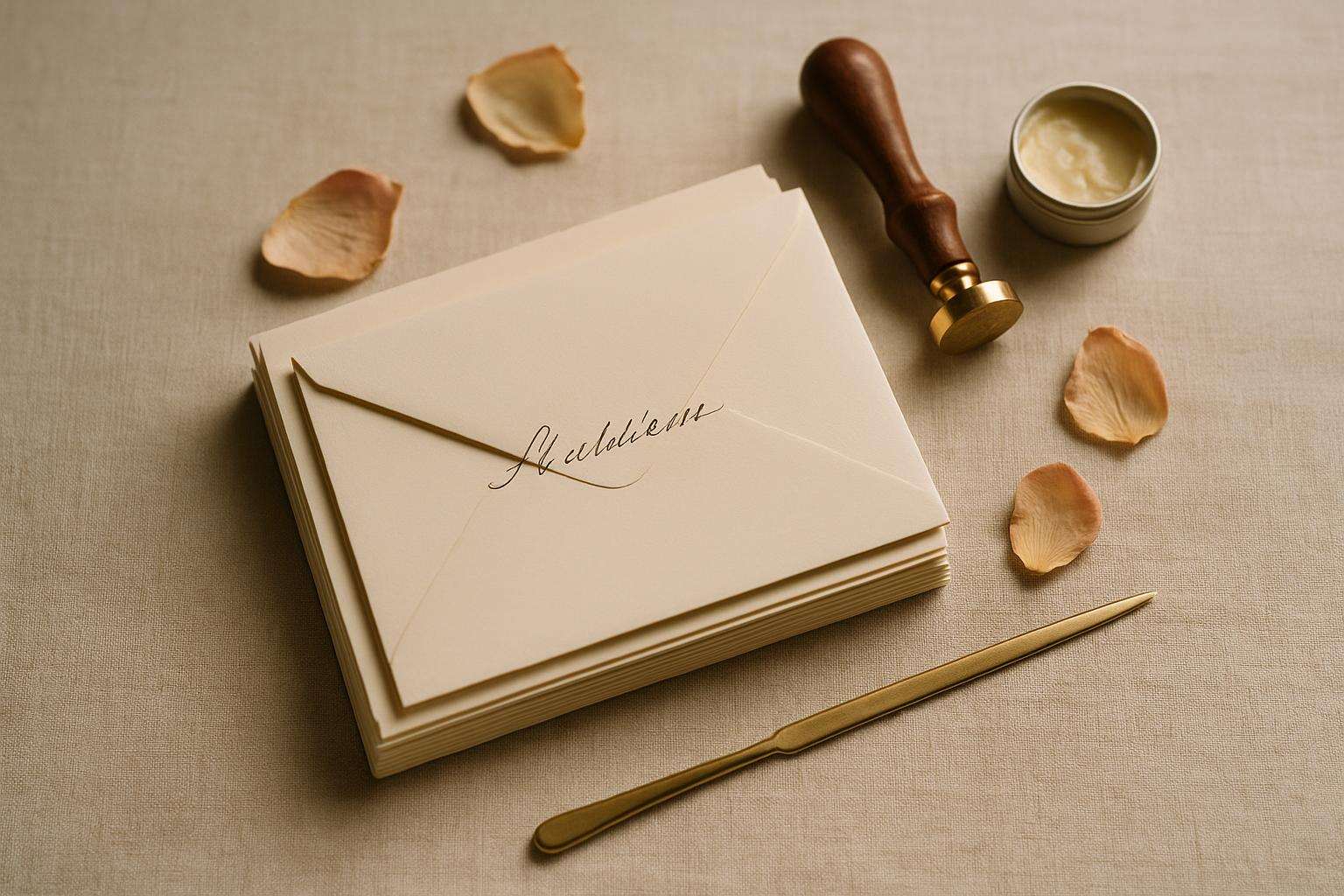 A stack of cream-colored RSVP response cards beside a wax seal stamp and scattered dried rose petals on a linen surface