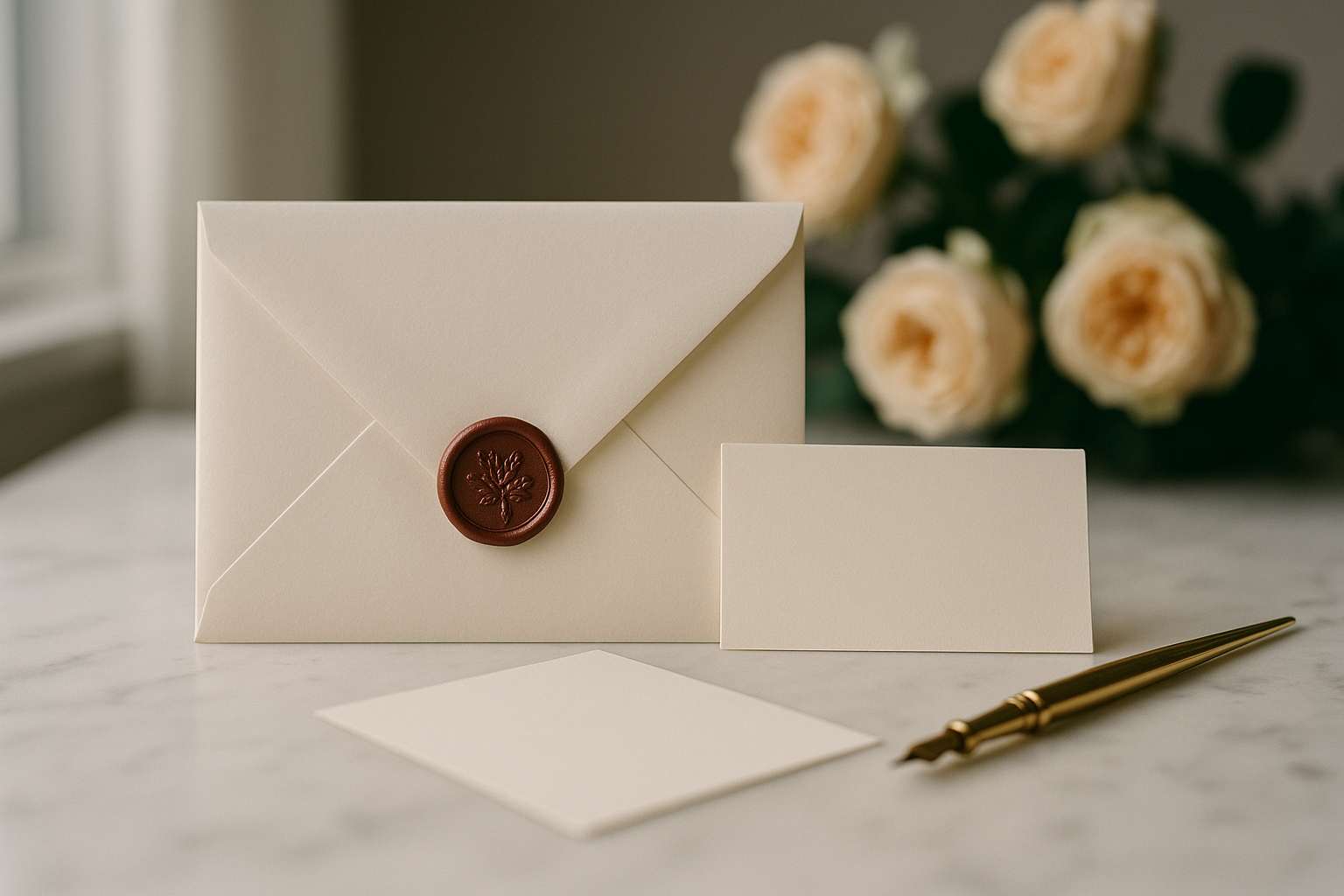 An elegantly addressed wedding invitation envelope beside a handwritten RSVP card and a gold pen on a marble surface