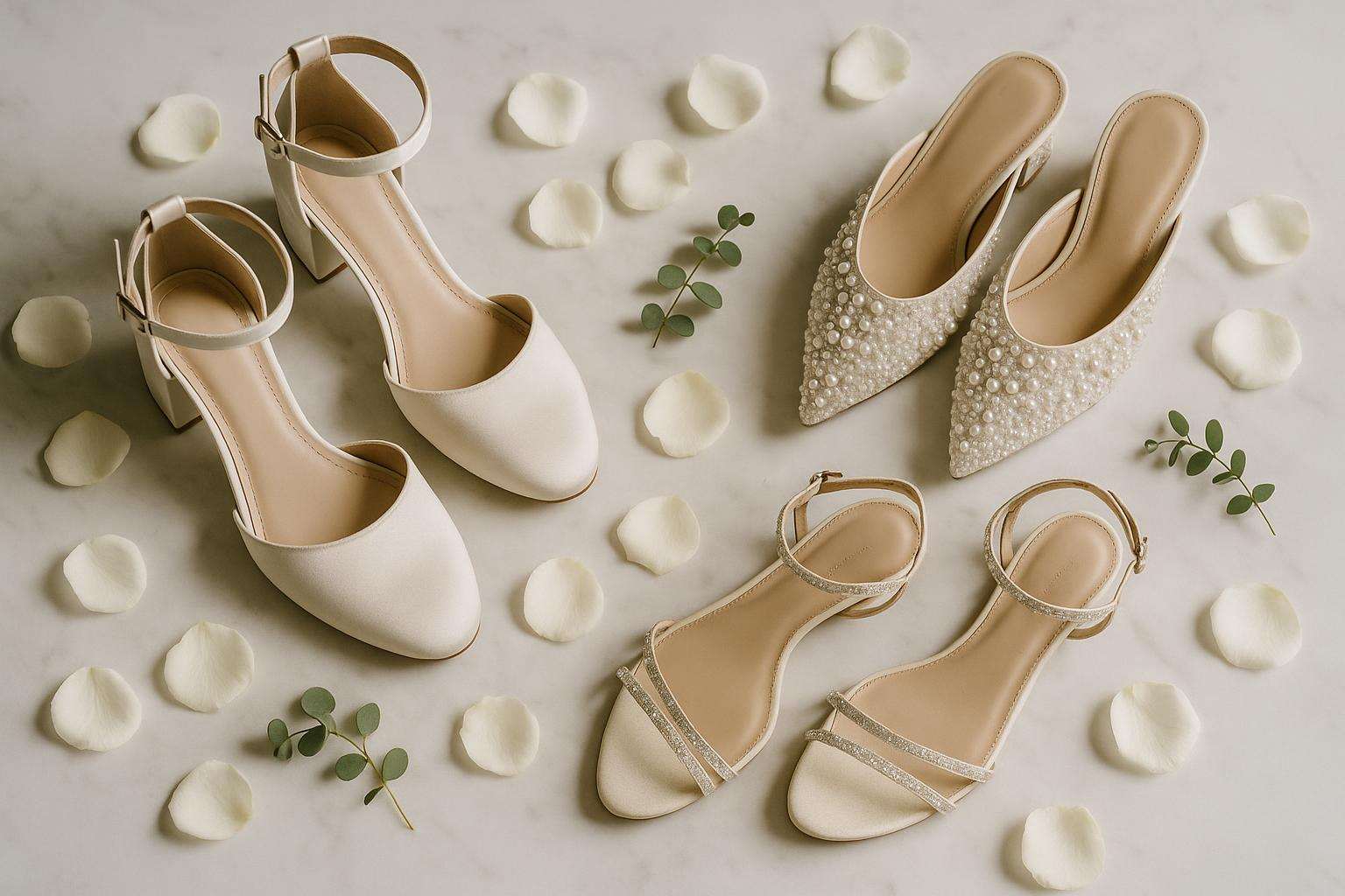 A flat lay of three pairs of bridal shoes on white marble — ivory satin block heels, pearl-embellished mules, and delicate crystal sandals — with soft natural light and scattered white rose petals.