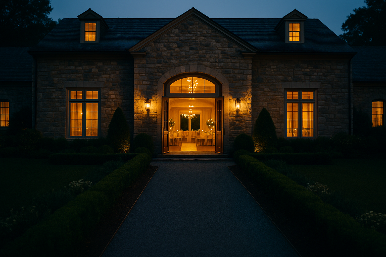 A polished white charter bus parked outside an elegant stone wedding venue at dusk, soft garden lighting illuminating the venue entrance and stone path